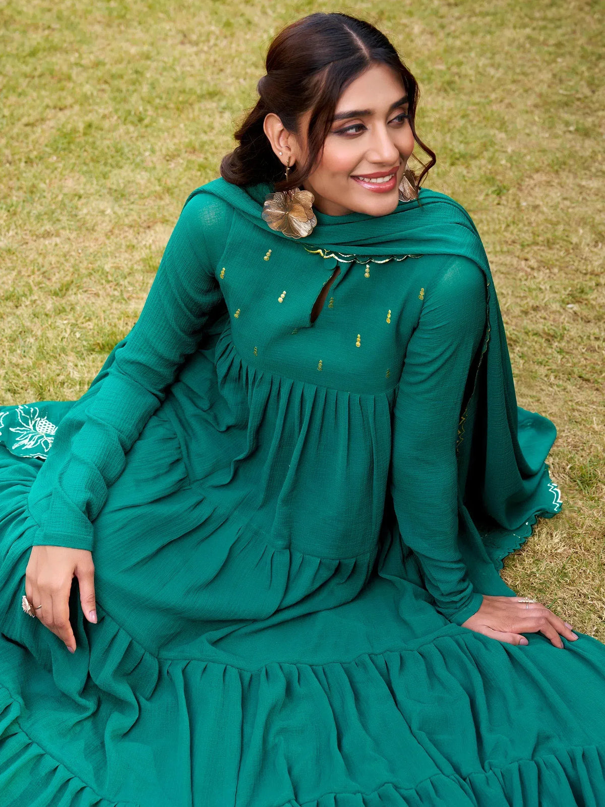 Amazing Teal Green Foil Work Chiffon Wedding Wear Salwar Kameez