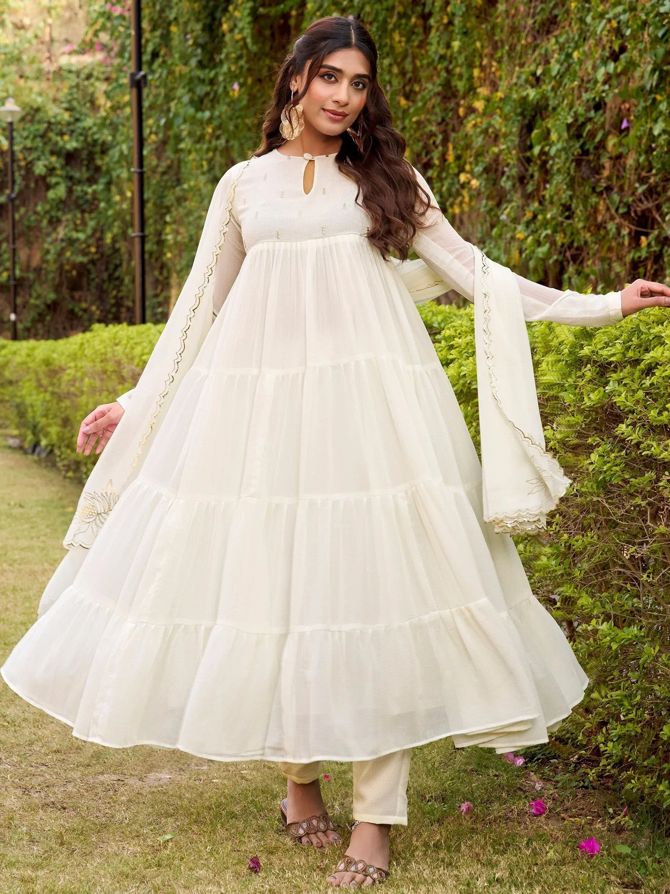 Classic Off White Foil Work Chiffon Festival Wear Anarkali Suit