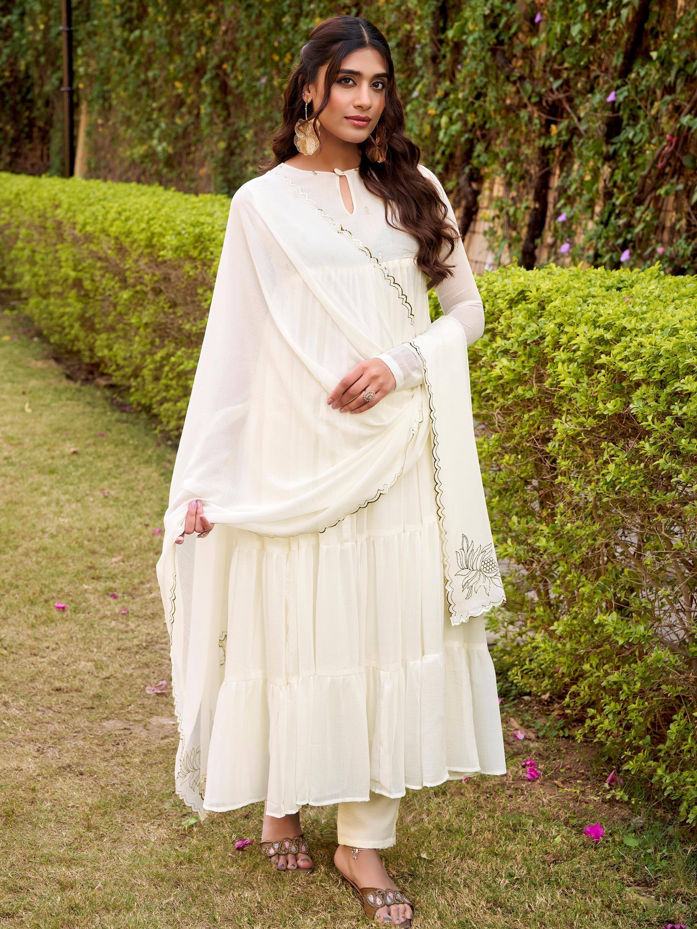 Classic Off White Foil Work Chiffon Festival Wear Anarkali Suit