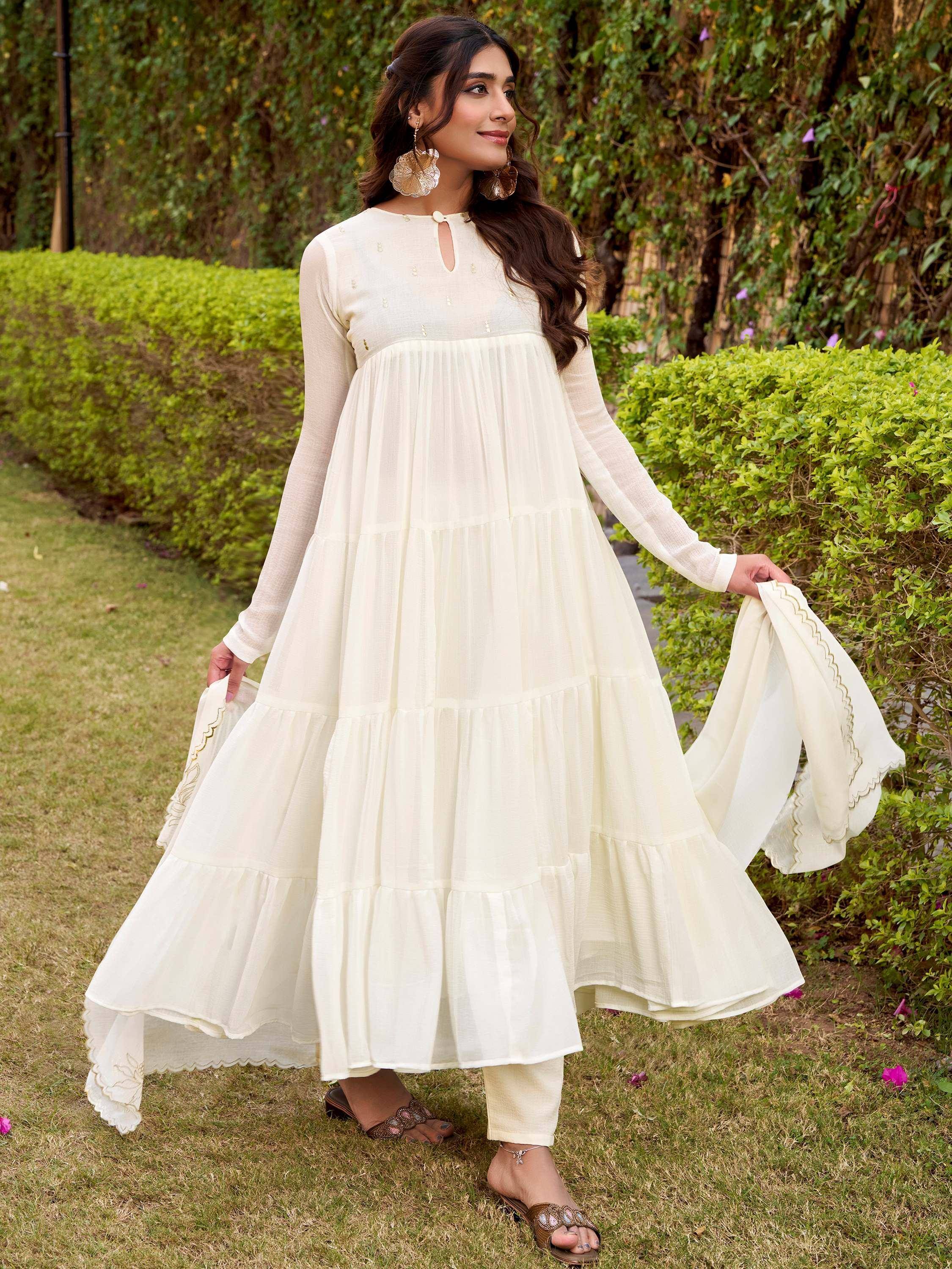 Classic Off White Foil Work Chiffon Festival Wear Anarkali Suit