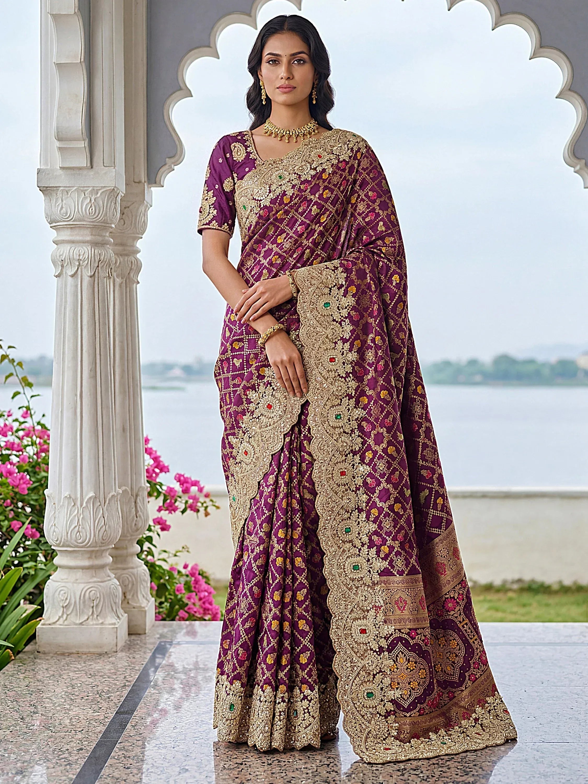 Glorious Purple Heavy Bordered Silk Function Wear Saree With Blouse