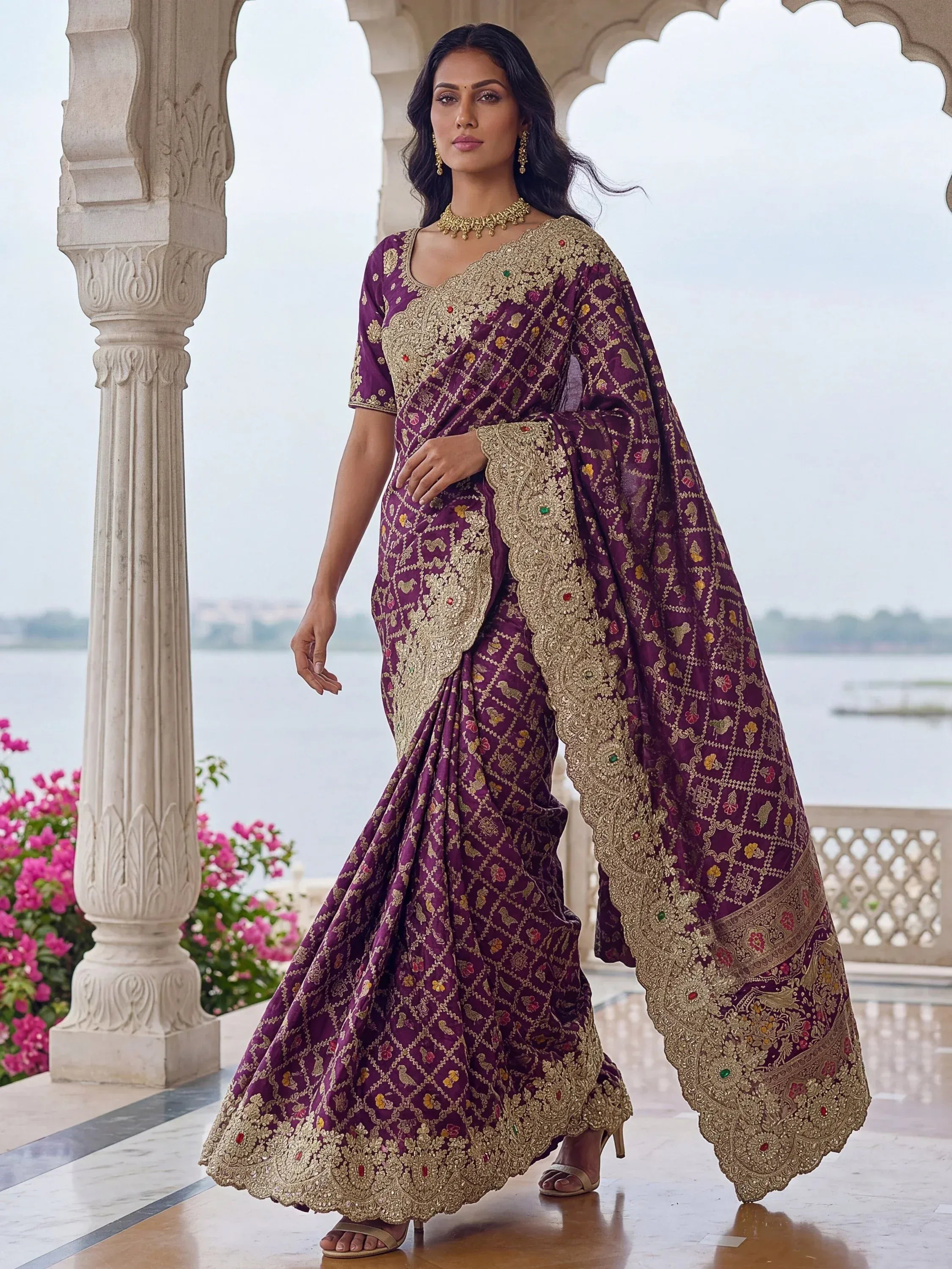 Glorious Purple Heavy Bordered Silk Function Wear Saree With Blouse