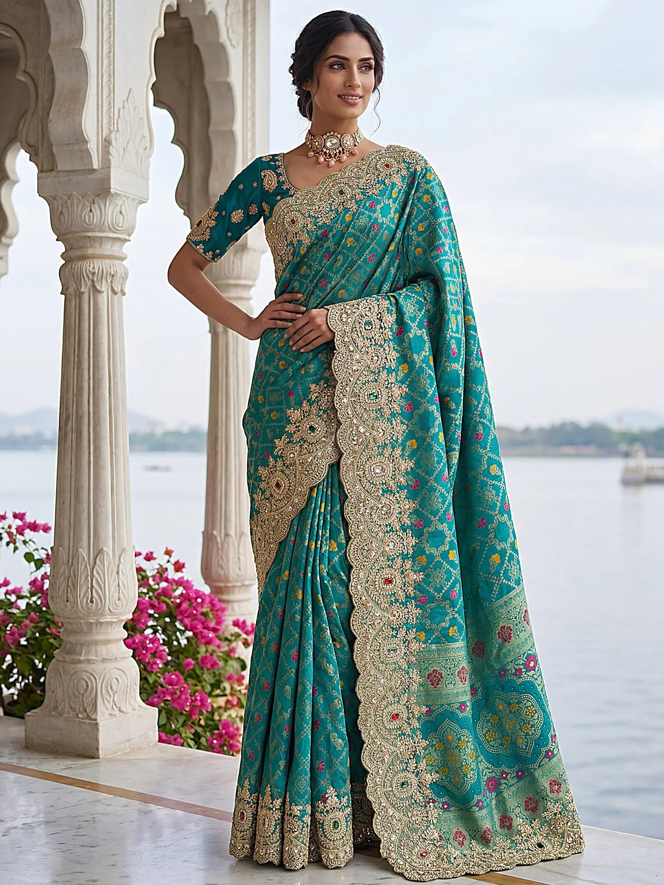 Alluring Teal Green Zari Weaving Silk Event Wear Saree With Blouse