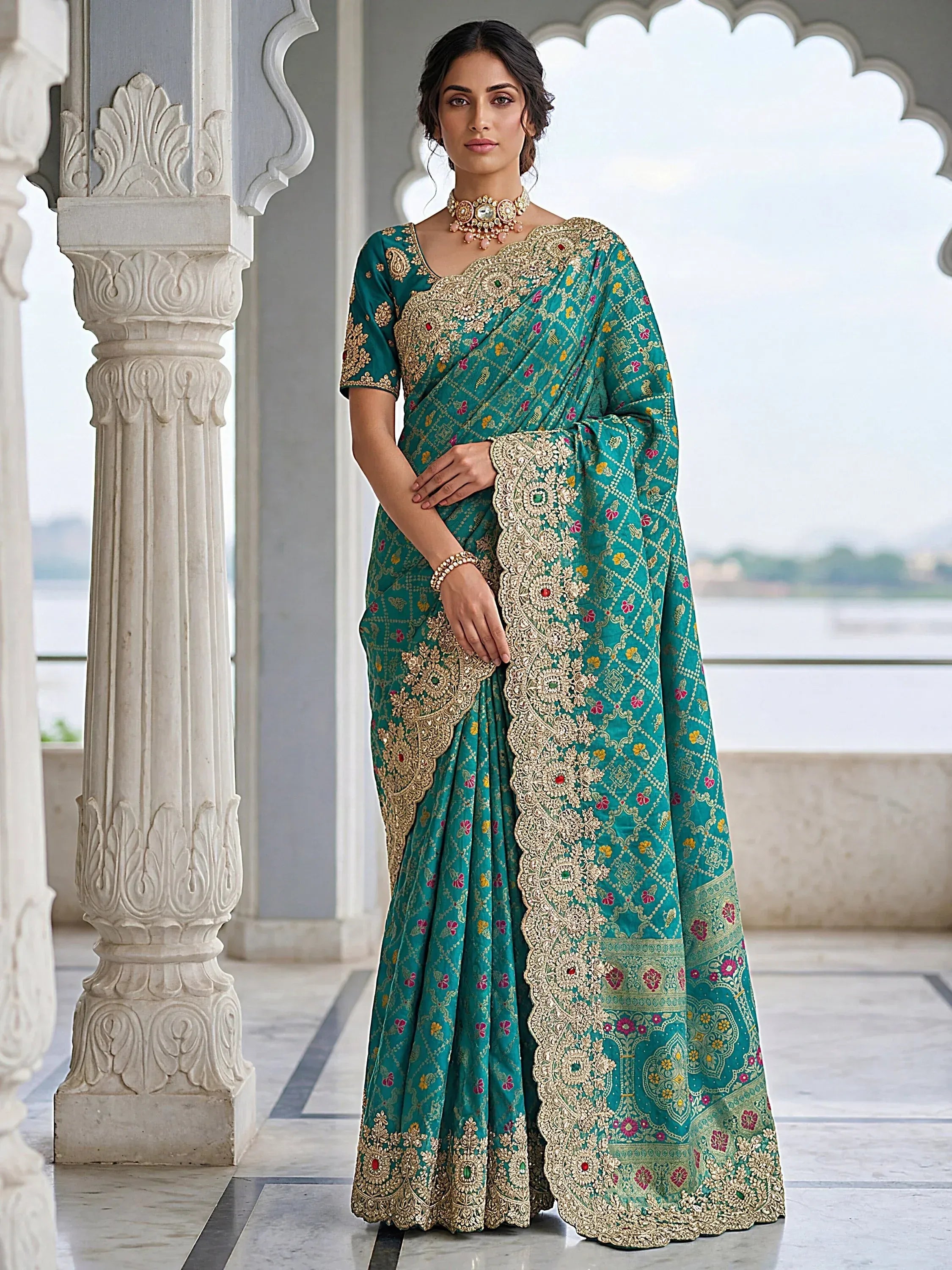 Alluring Teal Green Zari Weaving Silk Event Wear Saree With Blouse