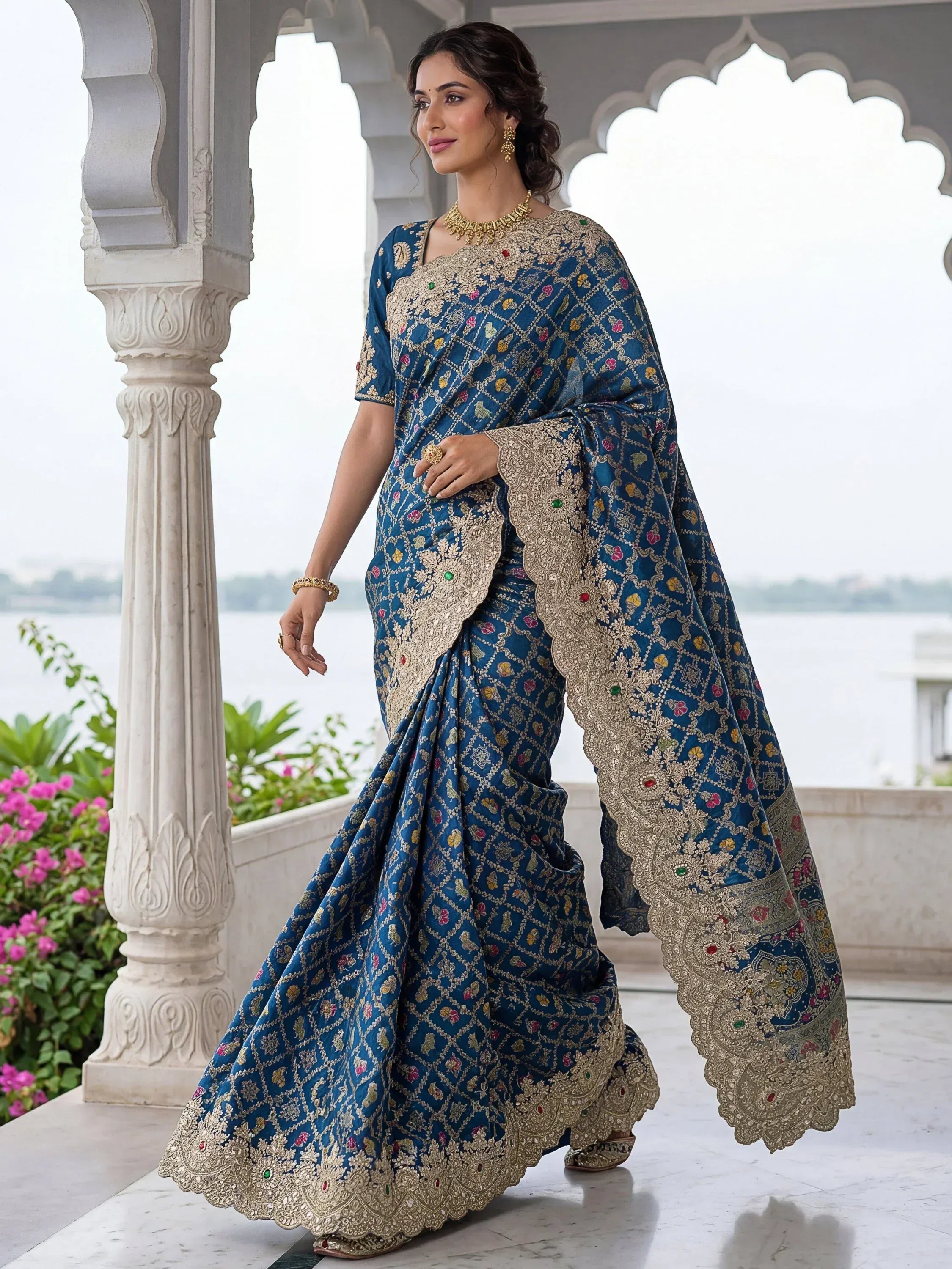 Awesome Navy Blue Dori Embroidery Silk Wedding Wear Saree With Blouse