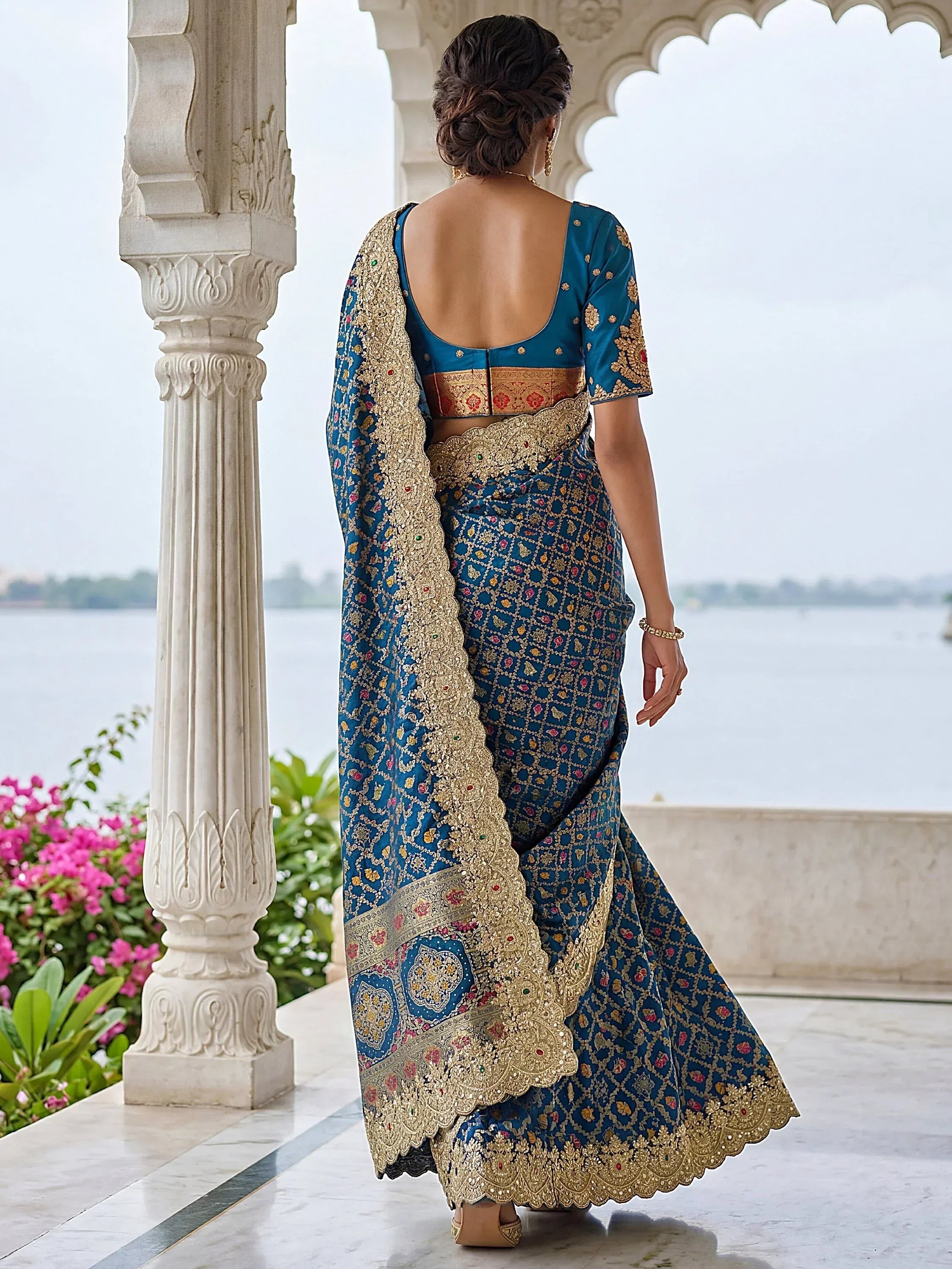 Awesome Navy Blue Dori Embroidery Silk Wedding Wear Saree With Blouse