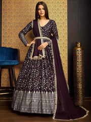 Outstanding Wine Foil Work Georgette Function Wear Gown With Dupatta