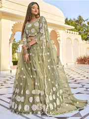Entrancing Sand Mirror Work Net Festival Wear Lehenga Choli
