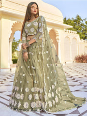 Entrancing Sand Mirror Work Net Festival Wear Lehenga Choli