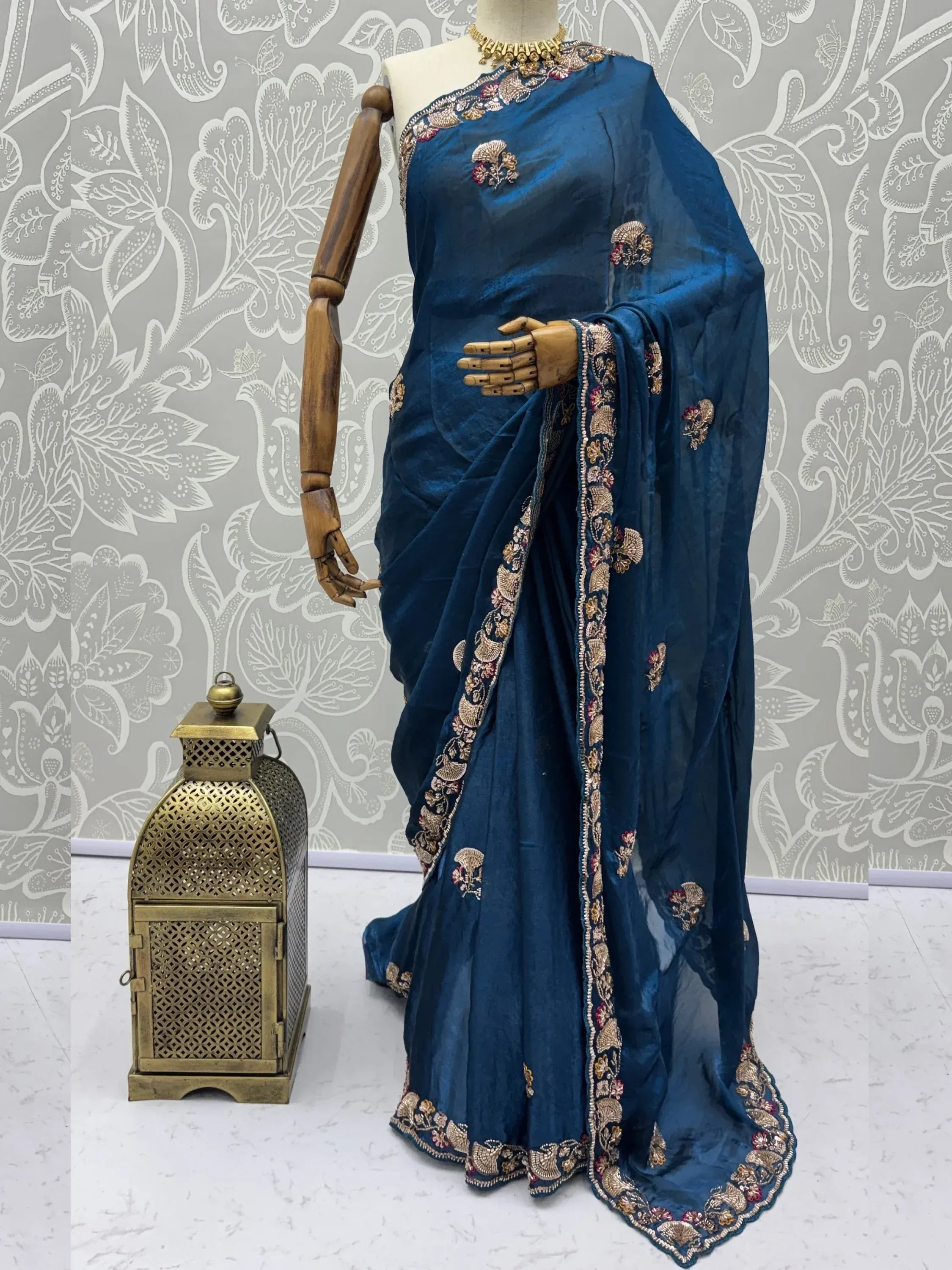 Lavish Teal Blue Bead Embroidery Silk Reception Wear Saree With Blouse