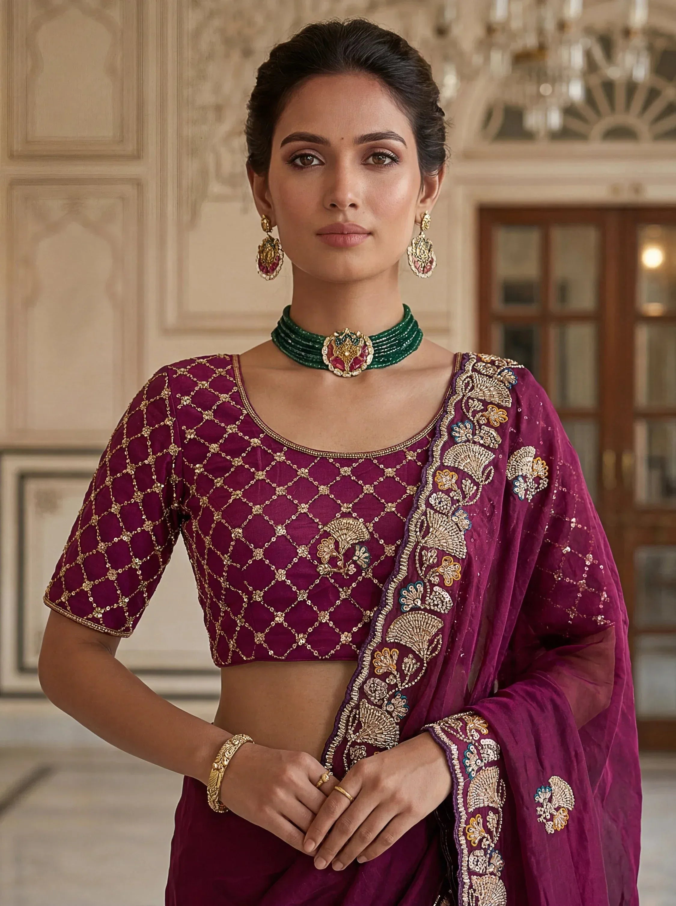 Bewitching Wine Hand Embroidered Silk Designer Saree With Blouse