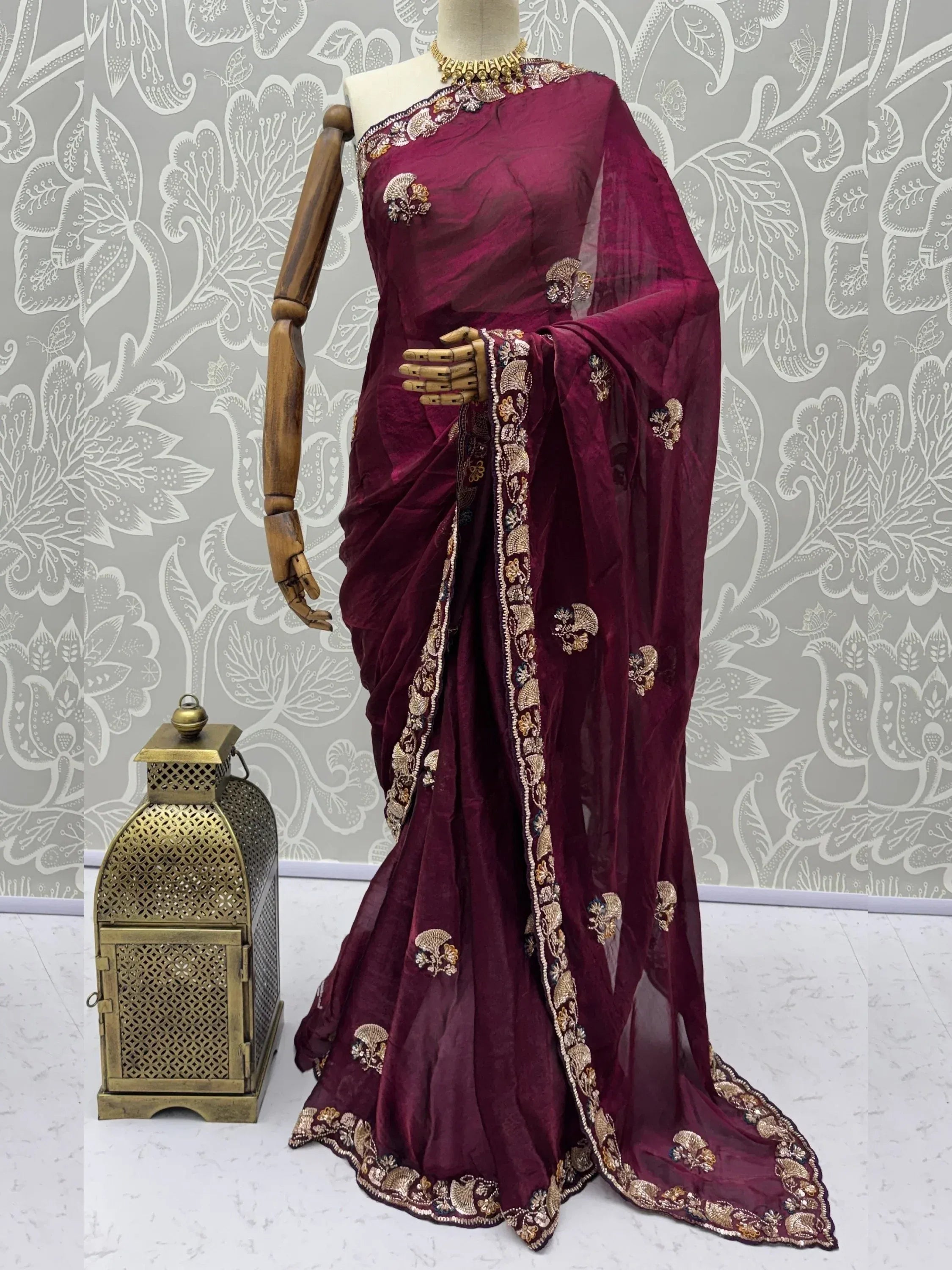 Bewitching Wine Hand Embroidered Silk Designer Saree With Blouse