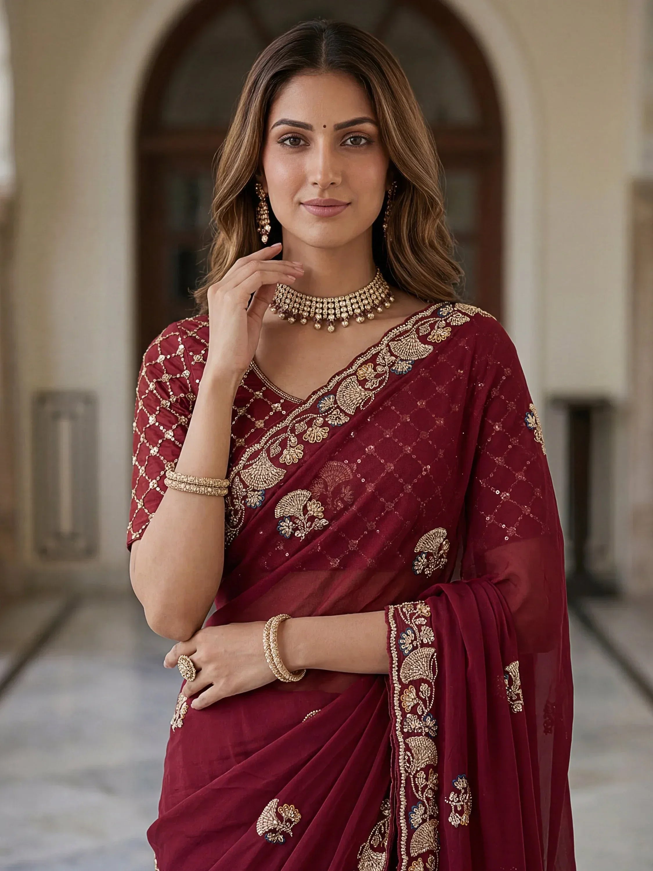 Royal Maroon Hand Work Silk Bridal Saree With Blouse