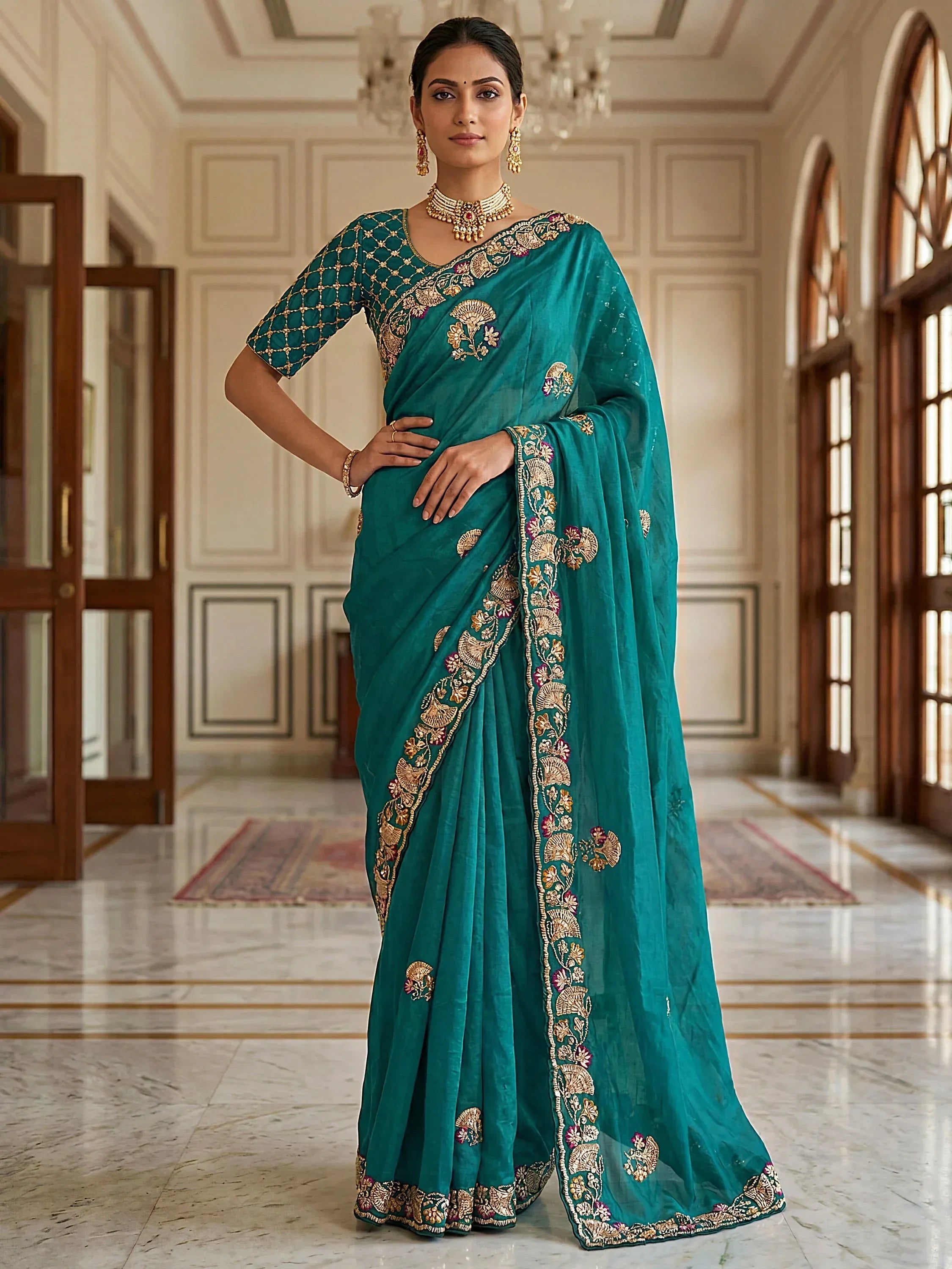 Rich Teal Green Bead Work Silk Party Wear Saree With Blouse