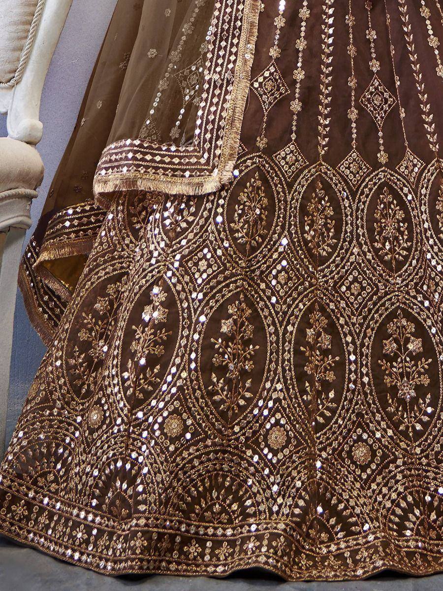 Brown designer lehenga with gold embroidery and mirror work, ethnic Indian wear