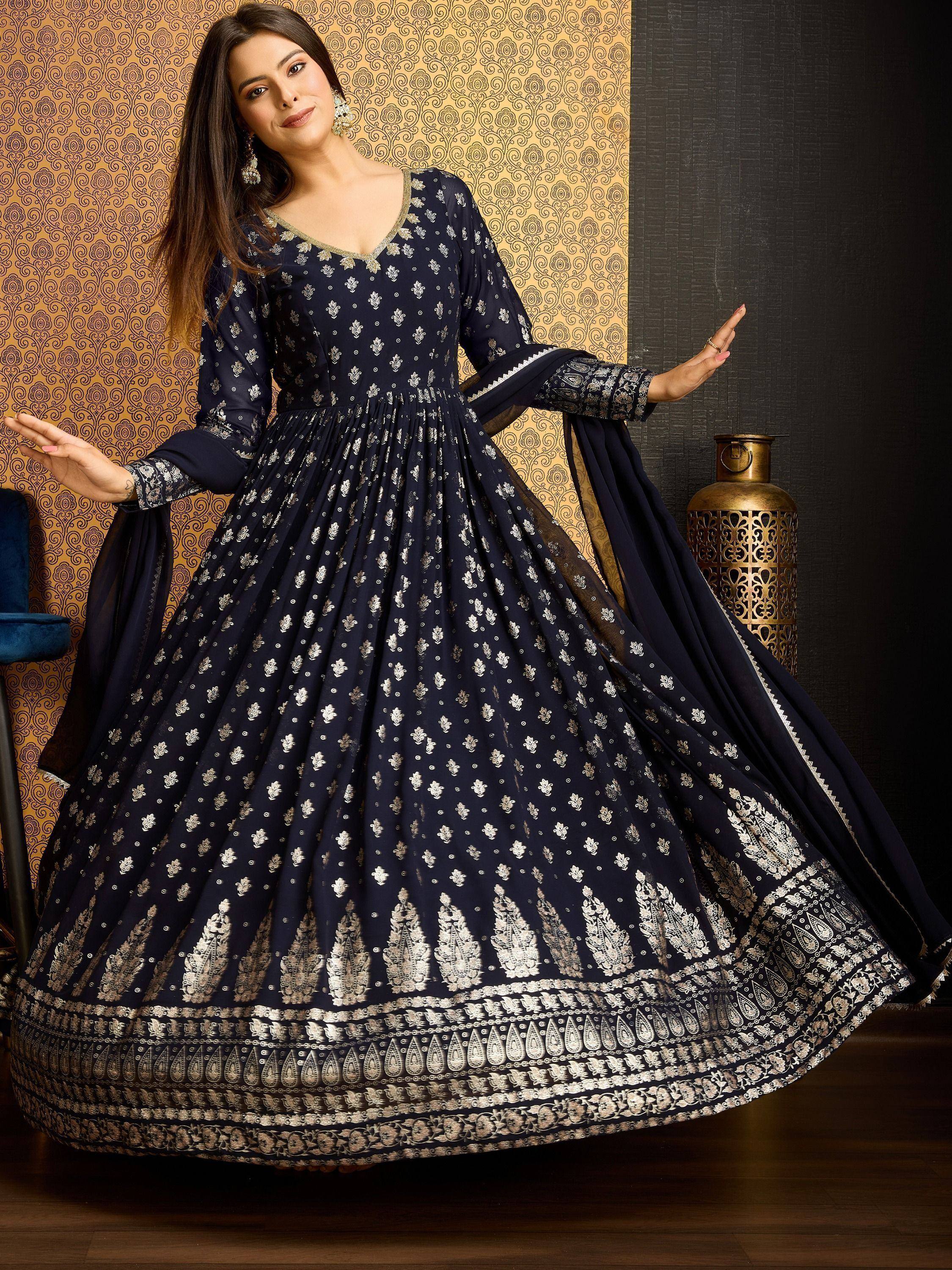Navy blue ethnic anarkali gown with gold floral print, perfect for Indian weddings and festive occasions.