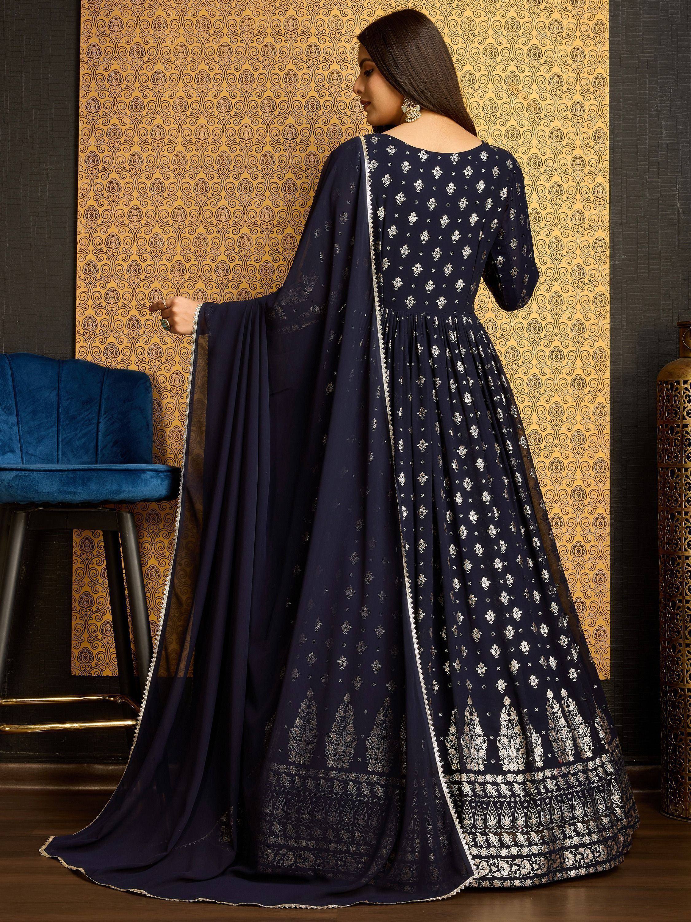 Navy blue embroidered Anarkali suit with dupatta, Indian ethnic wear for women