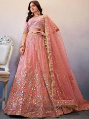 Pretty Peach Sequined Butterfly net Reception Wear Lehenga Choli