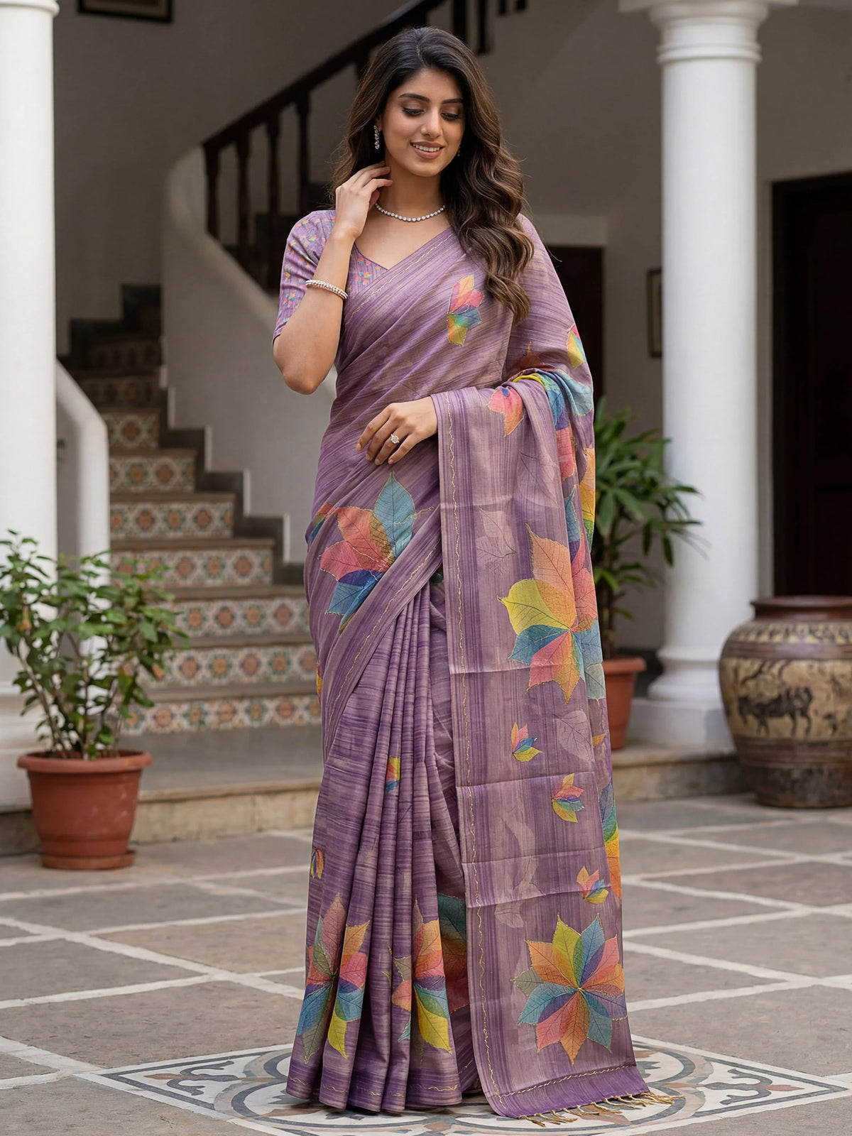 Woman wearing a purple ethnic saree with colorful floral leaf patterns