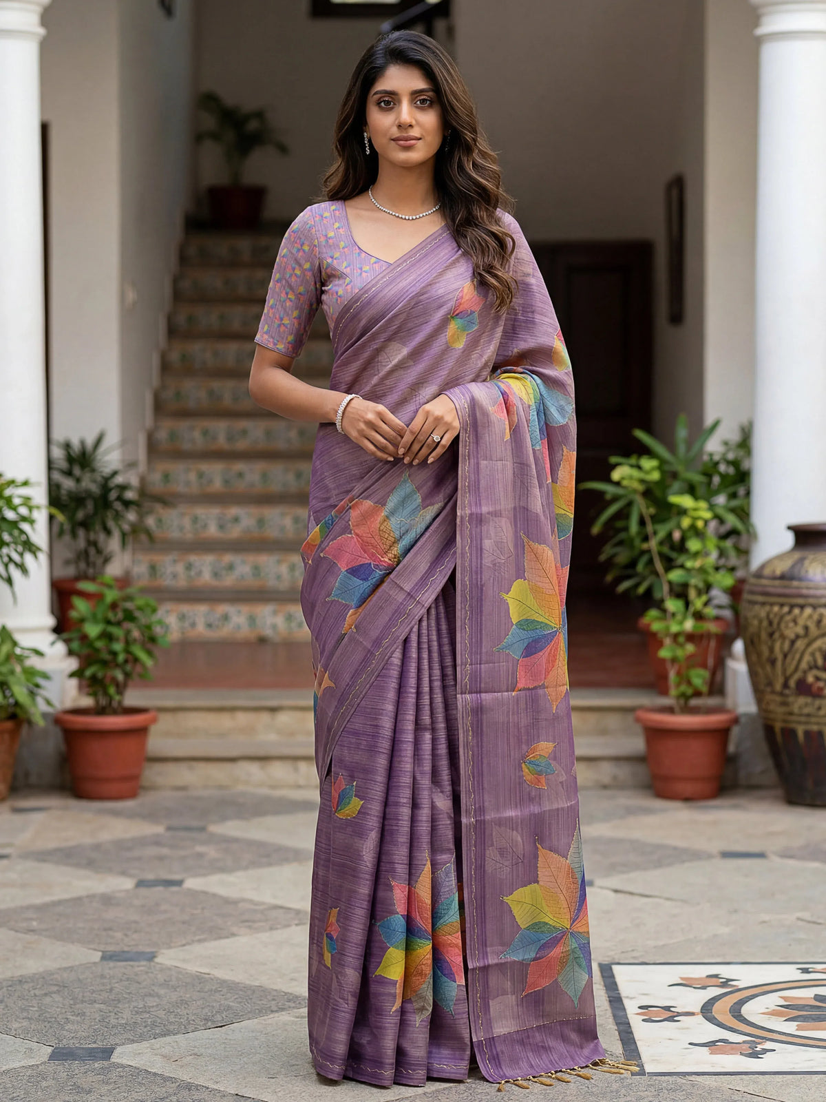 Woman wearing a purple linen saree with colorful leaf prints and a matching blouse.
