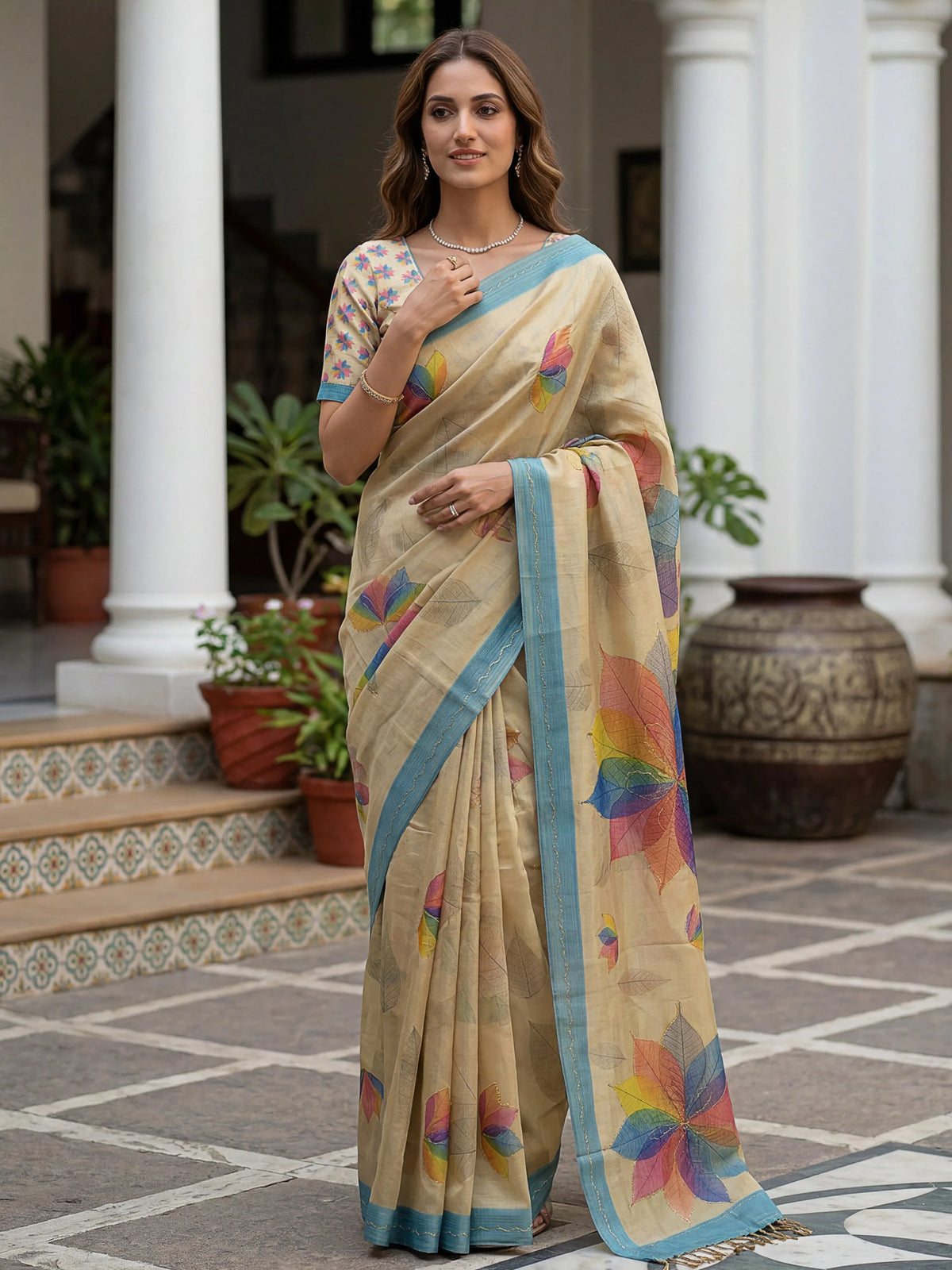 Woman wearing a beige designer saree with colorful floral motifs and a blue border.