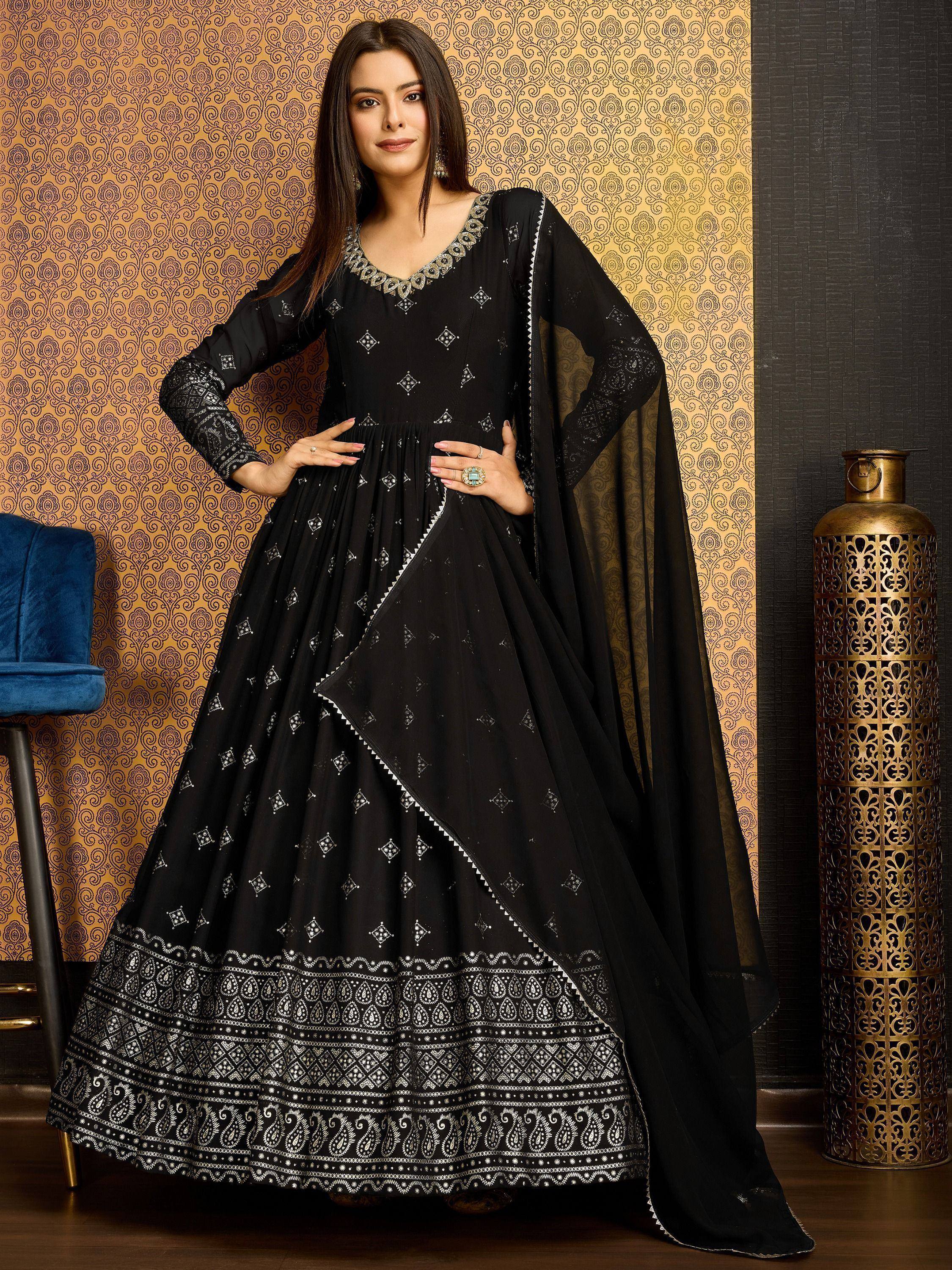 Black embroidered anarkali suit with dupatta, Indian ethnic wear for women