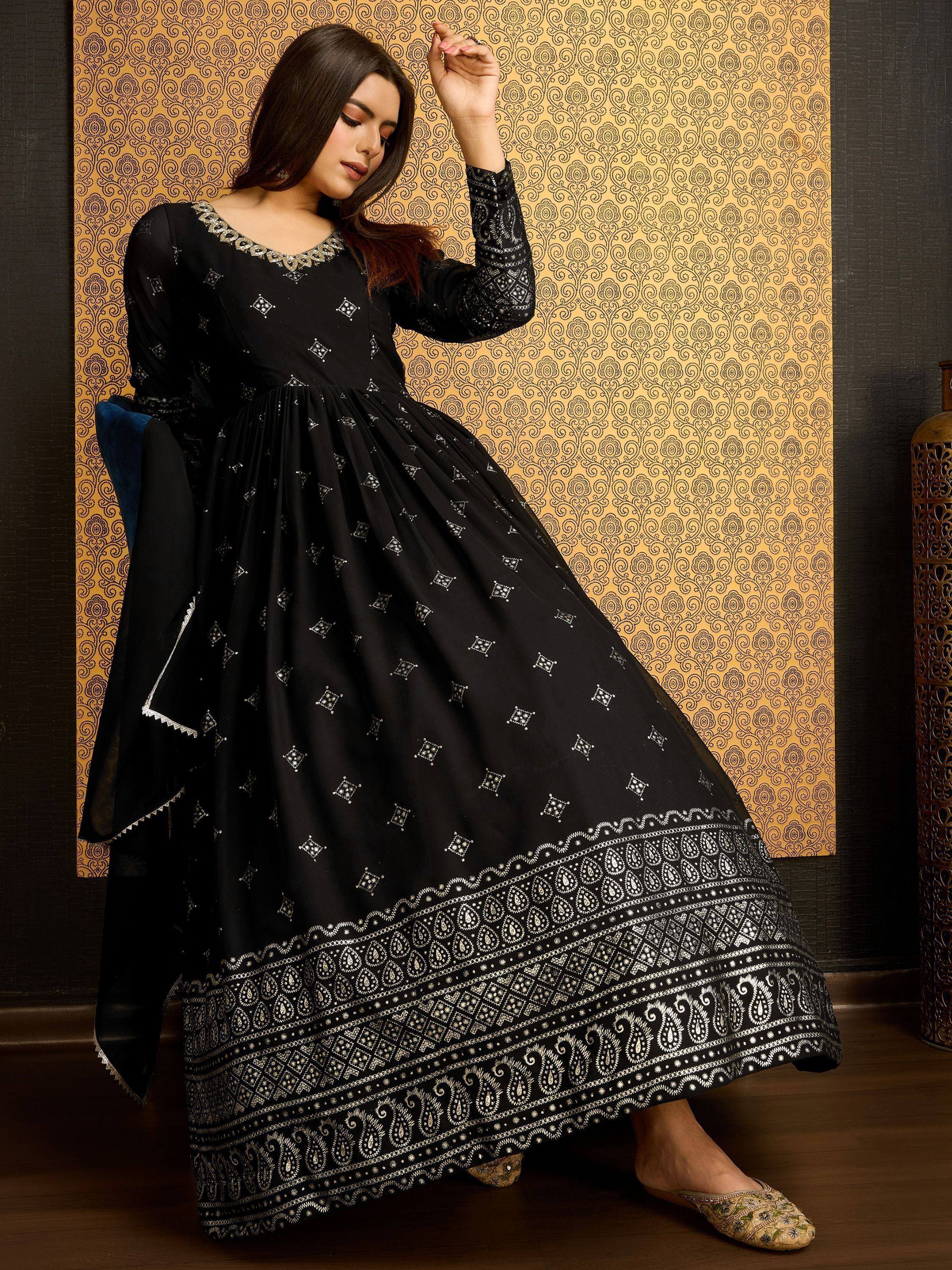 Black embroidered Anarkali gown with silver detailing, perfect for Indian ethnic wear occasions.