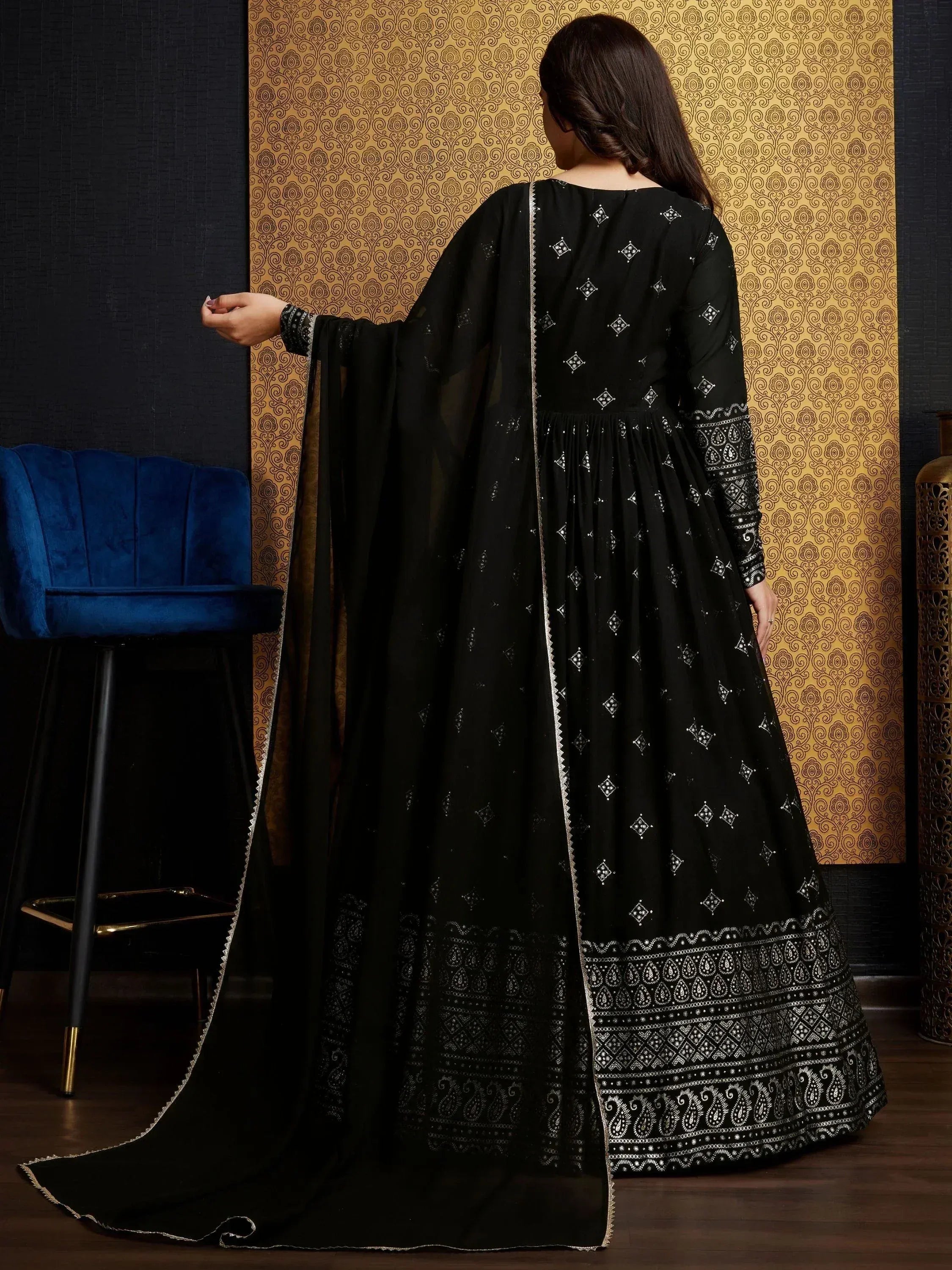 Black ethnic anarkali gown with silver embroidery and dupatta, perfect for Indian festive occasions