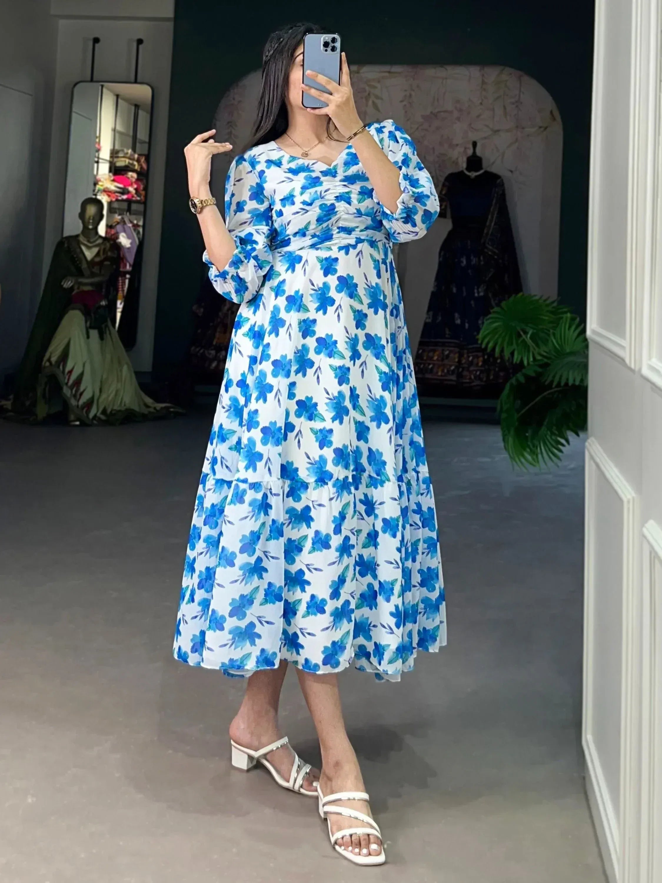 Blue floral print ethnic gown with puff sleeves, perfect for Indian occasions and parties