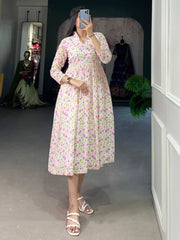 Incredible White Floral Printed Georgette Festival Wear Dresses