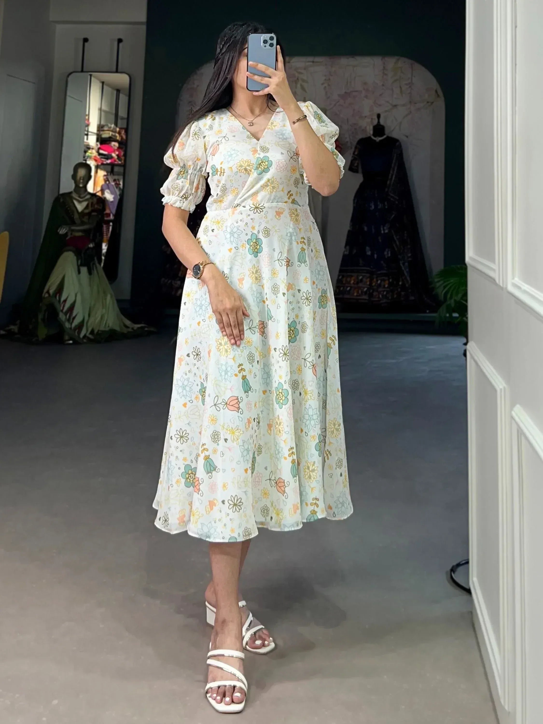 Floral print ethnic gown with puff sleeves, perfect for Indian occasions and casual wear