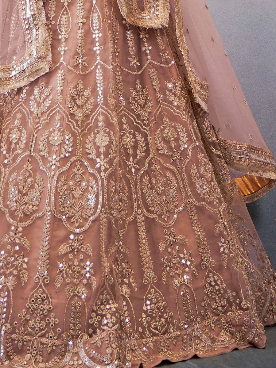 Elegant brown lehenga with intricate gold embroidery and sequin detailing, perfect for Indian ethnic wear occasions.