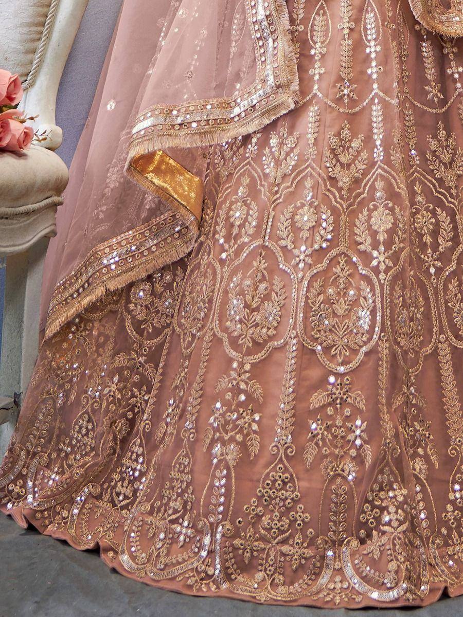 Elegant brown lehenga choli with gold embroidery and sequin detailing, perfect for Indian ethnic wear occasions.