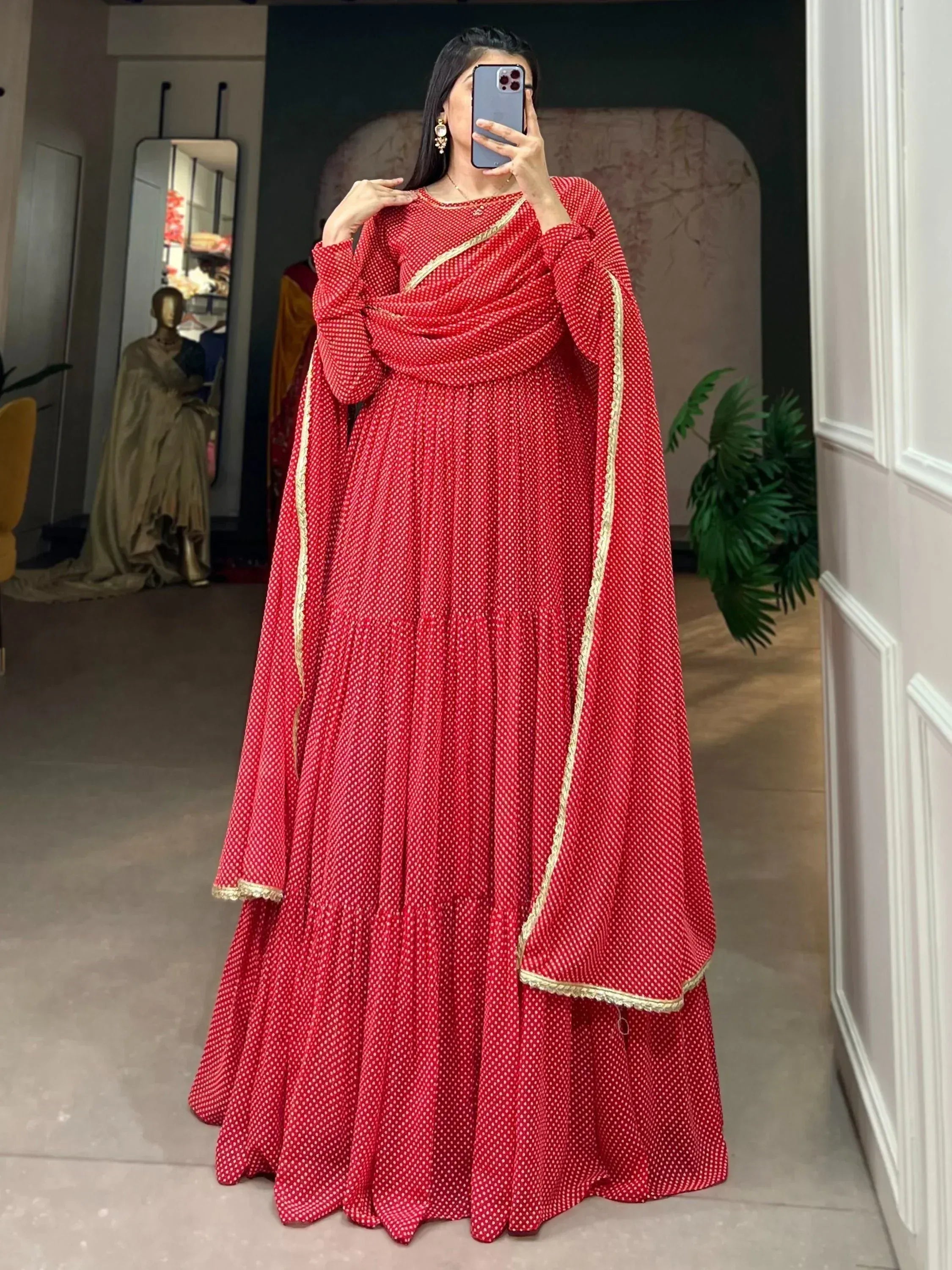 Red polka dot anarkali suit with gold trim, Indian ethnic wear for women