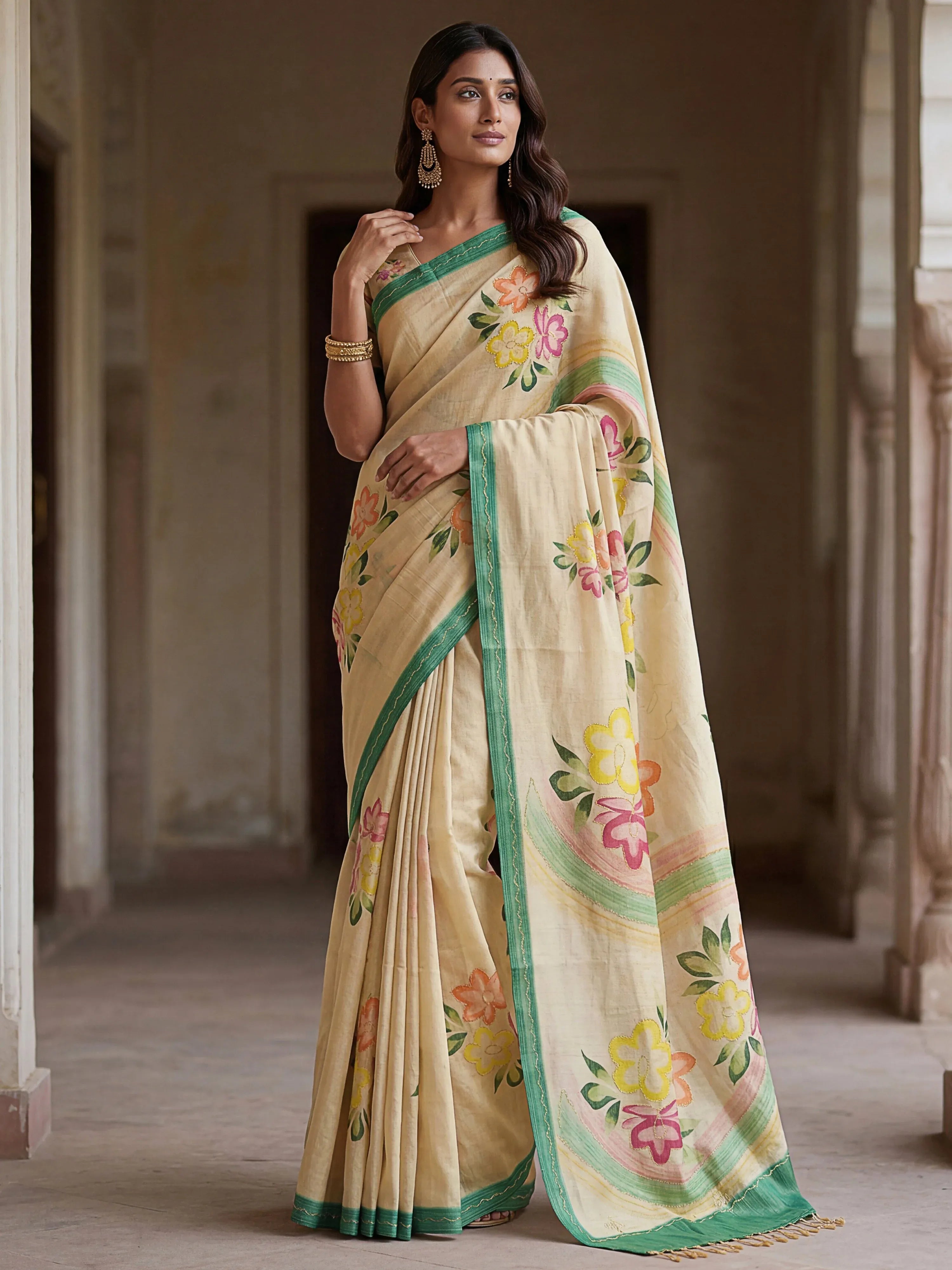 Splendid Cream Floral Printed Silk Function Wear Saree With Blouse