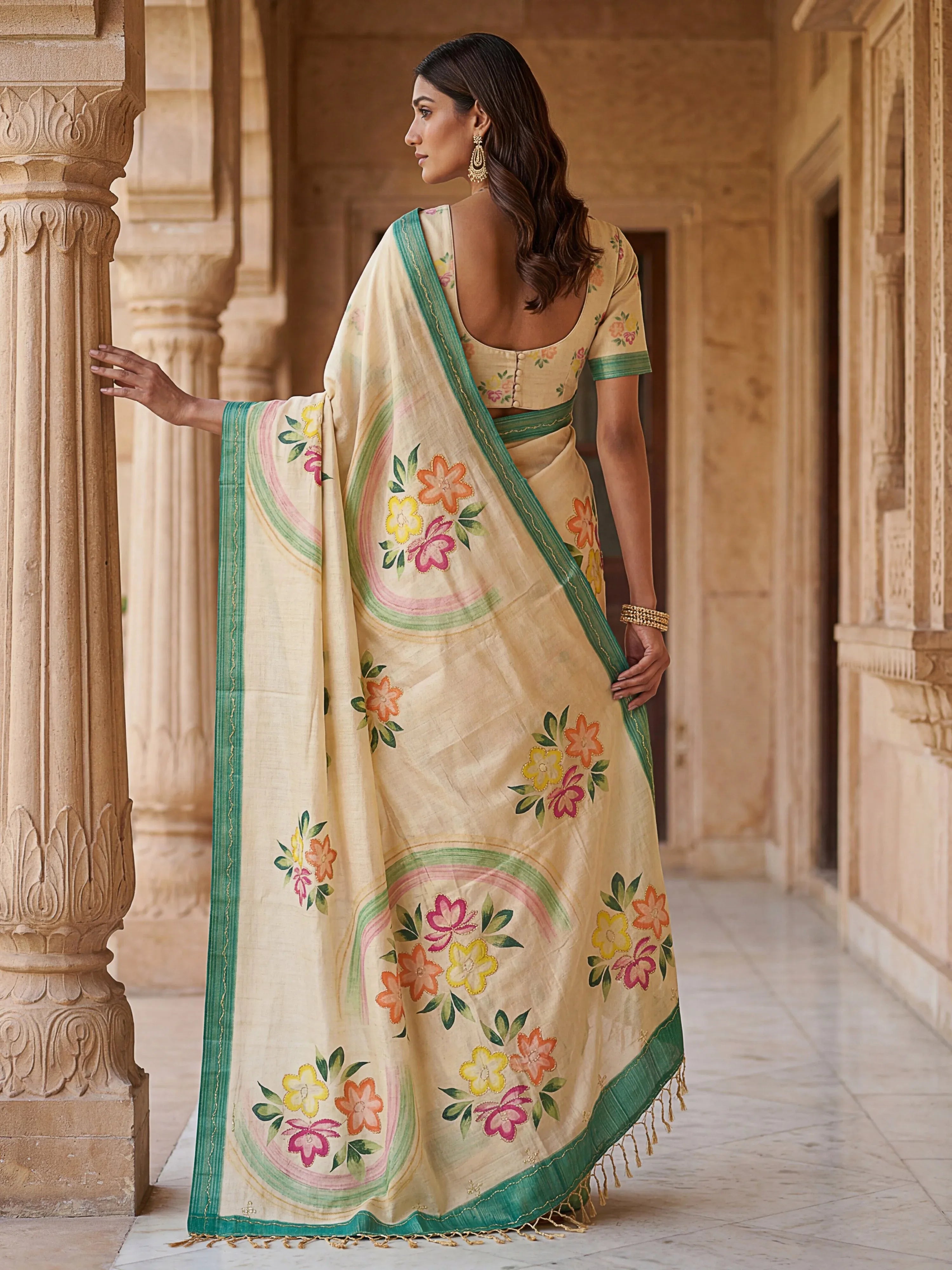 Splendid Cream Floral Printed Silk Function Wear Saree With Blouse
