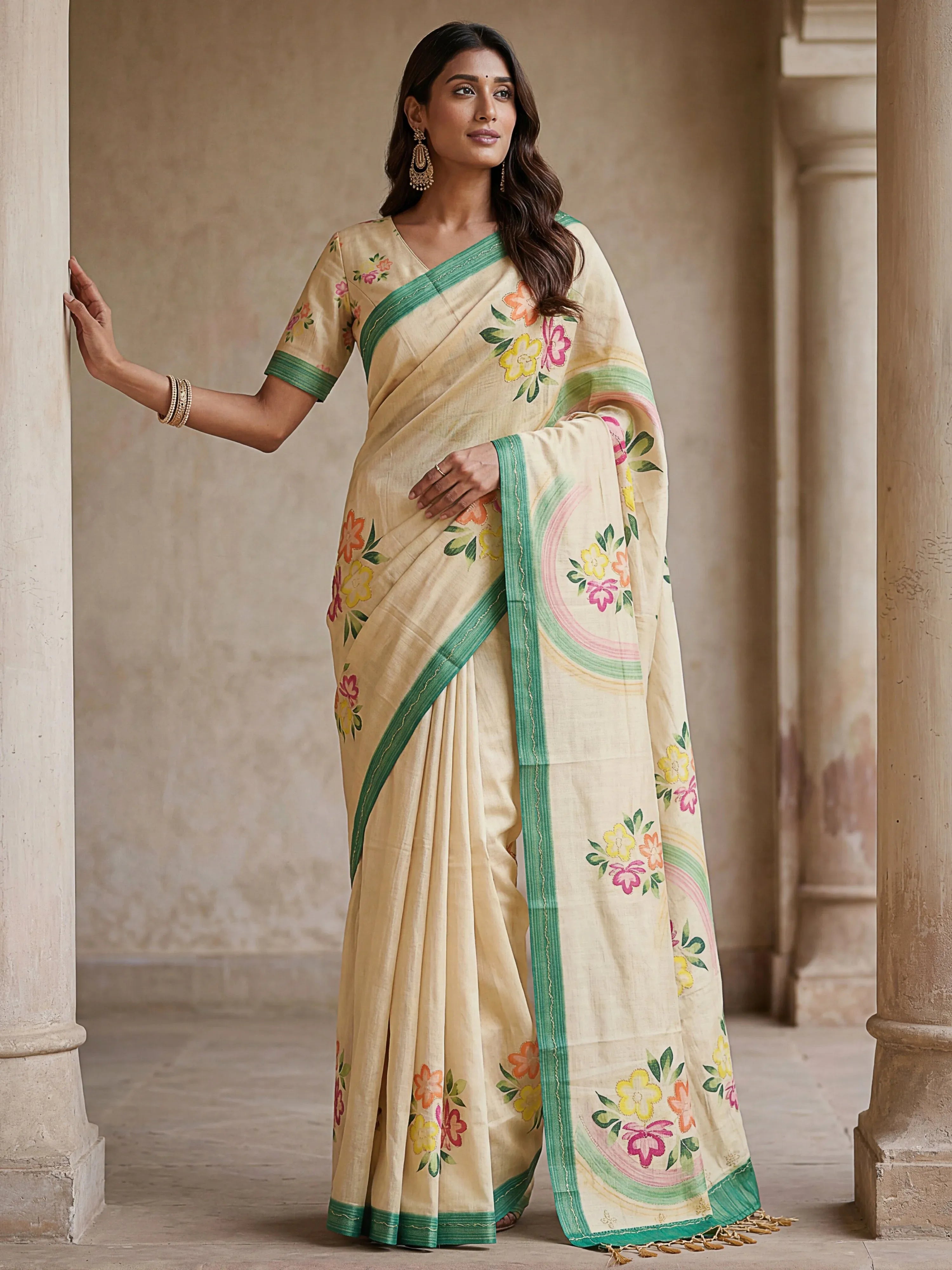 Splendid Cream Floral Printed Silk Function Wear Saree With Blouse