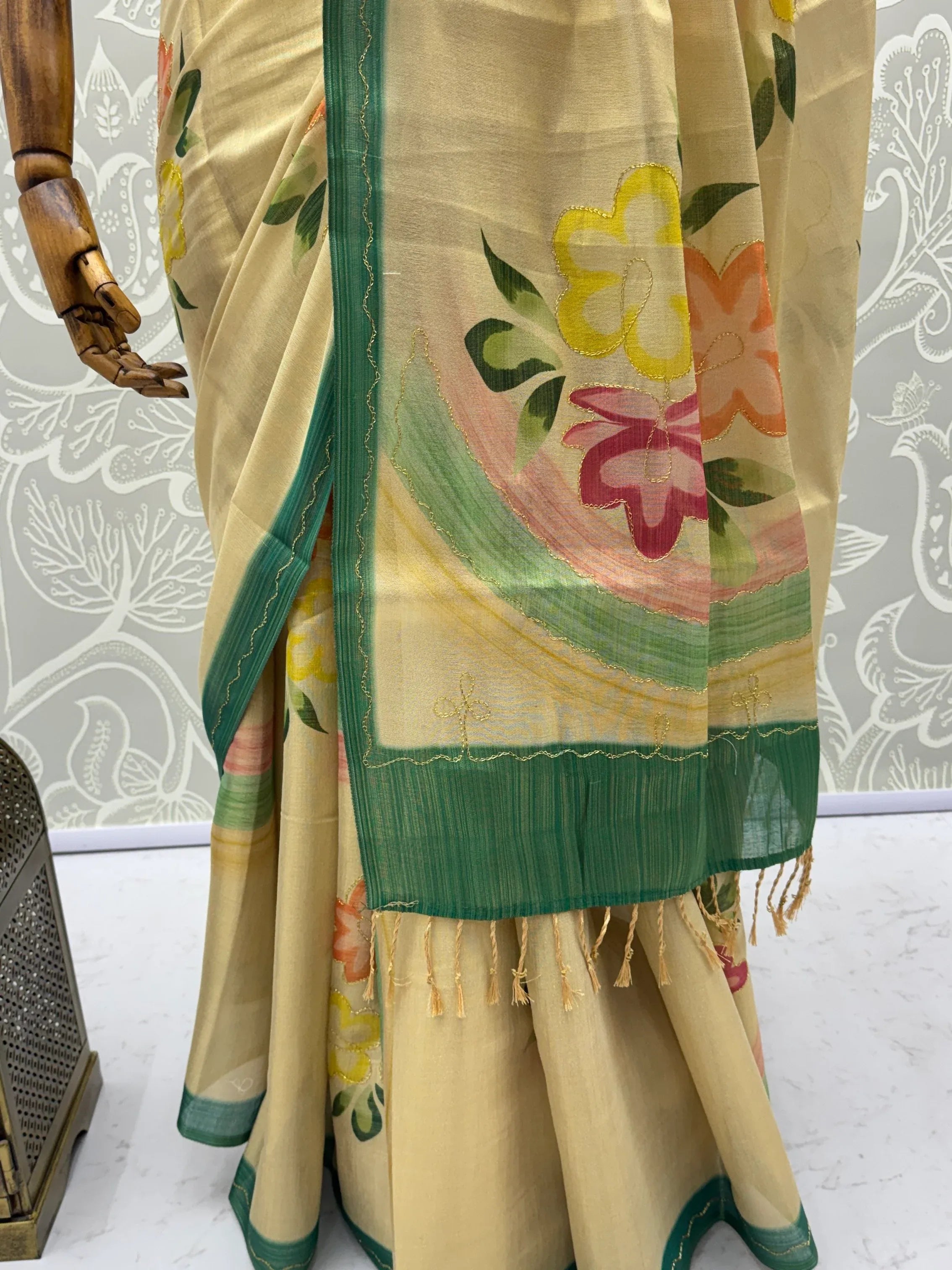 Splendid Cream Floral Printed Silk Function Wear Saree With Blouse