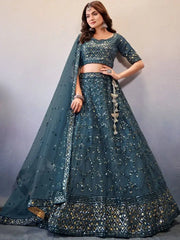 Mesmerizing Dark Blue Grey Sequines Embroidery Net Party Lehenga Choli