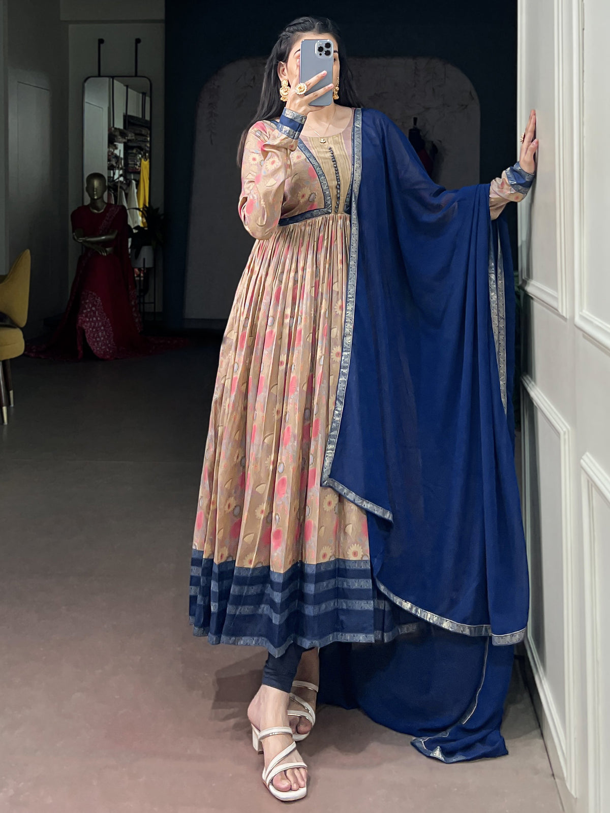 Gorgeous Navy Blue Floral Printed Silk Casual Wear Gown With Dupatta