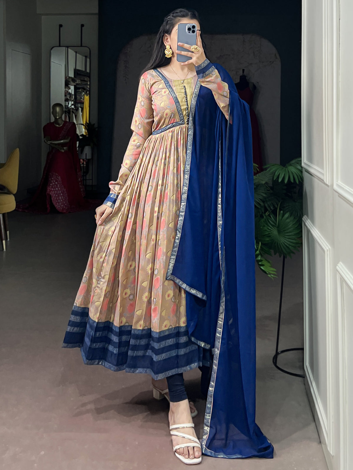 Gorgeous Navy Blue Floral Printed Silk Casual Wear Gown With Dupatta
