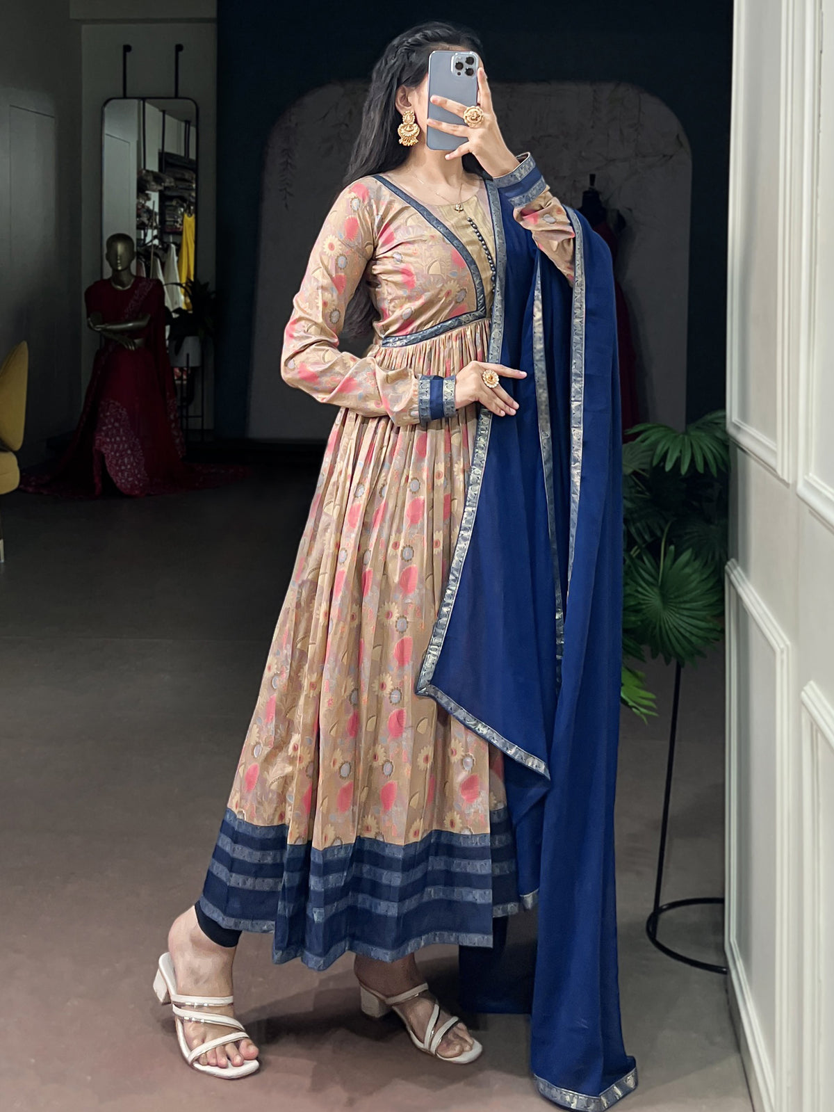 Gorgeous Navy Blue Floral Printed Silk Casual Wear Gown With Dupatta