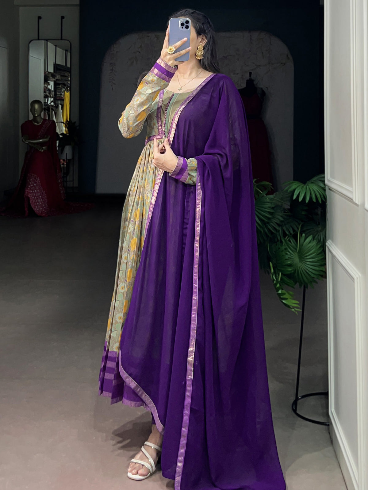 Attractive Purple Floral Printed Silk Festive Wear Gown With Dupatta