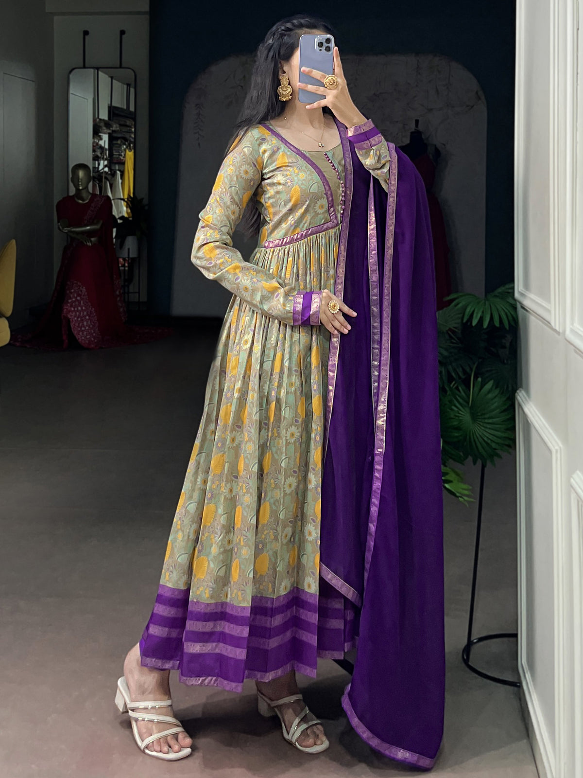 Attractive Purple Floral Printed Silk Festive Wear Gown With Dupatta