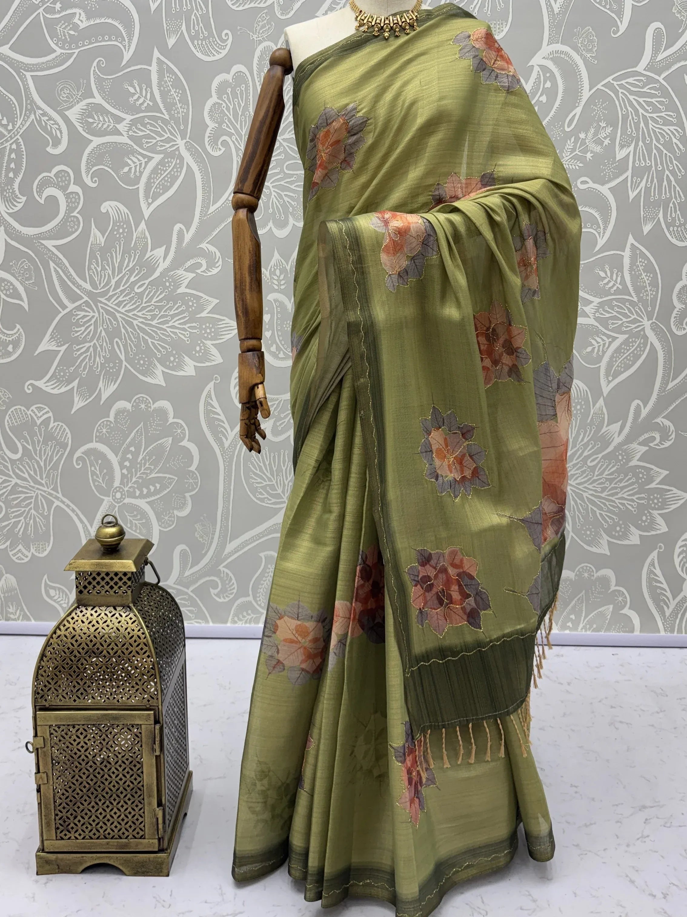 Majestic Green Floral Printed Silk Mehendi Wear Saree With Blouse