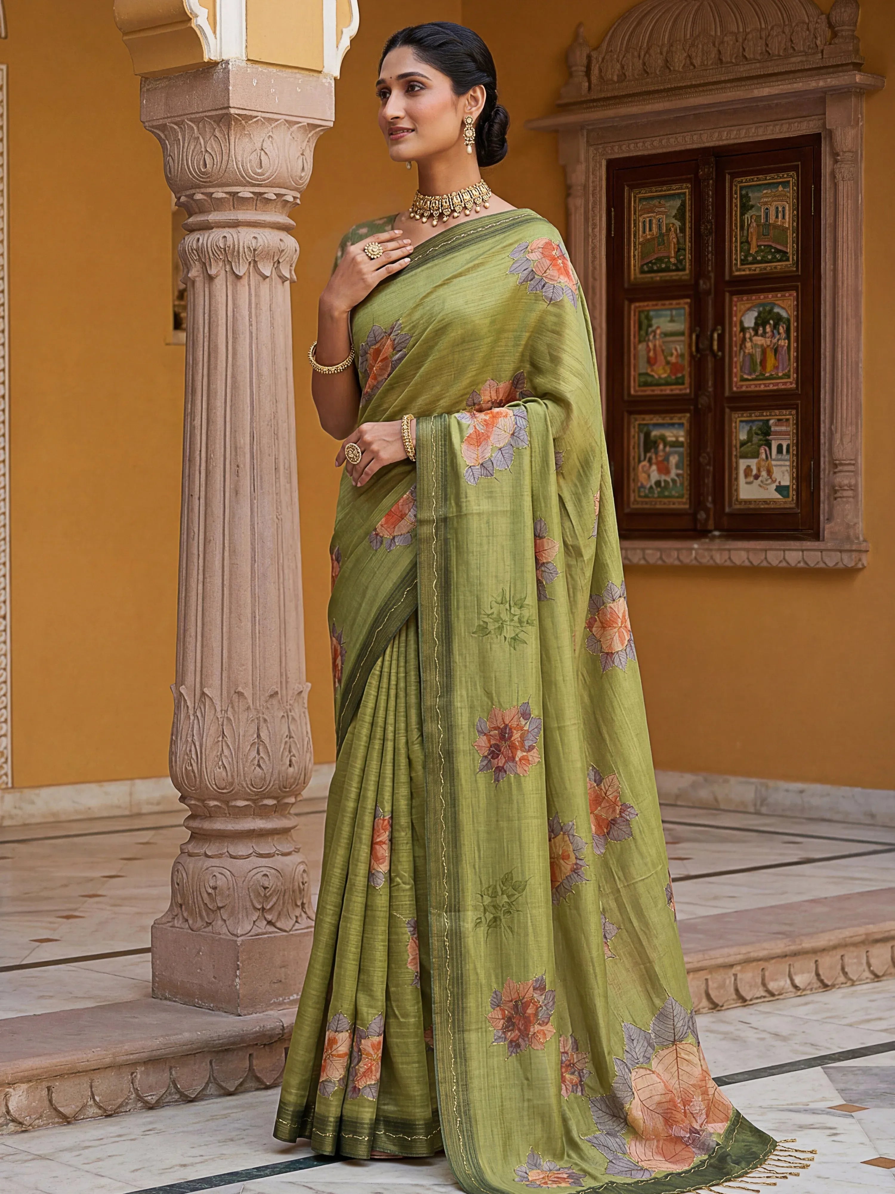 Majestic Green Floral Printed Silk Mehendi Wear Saree With Blouse