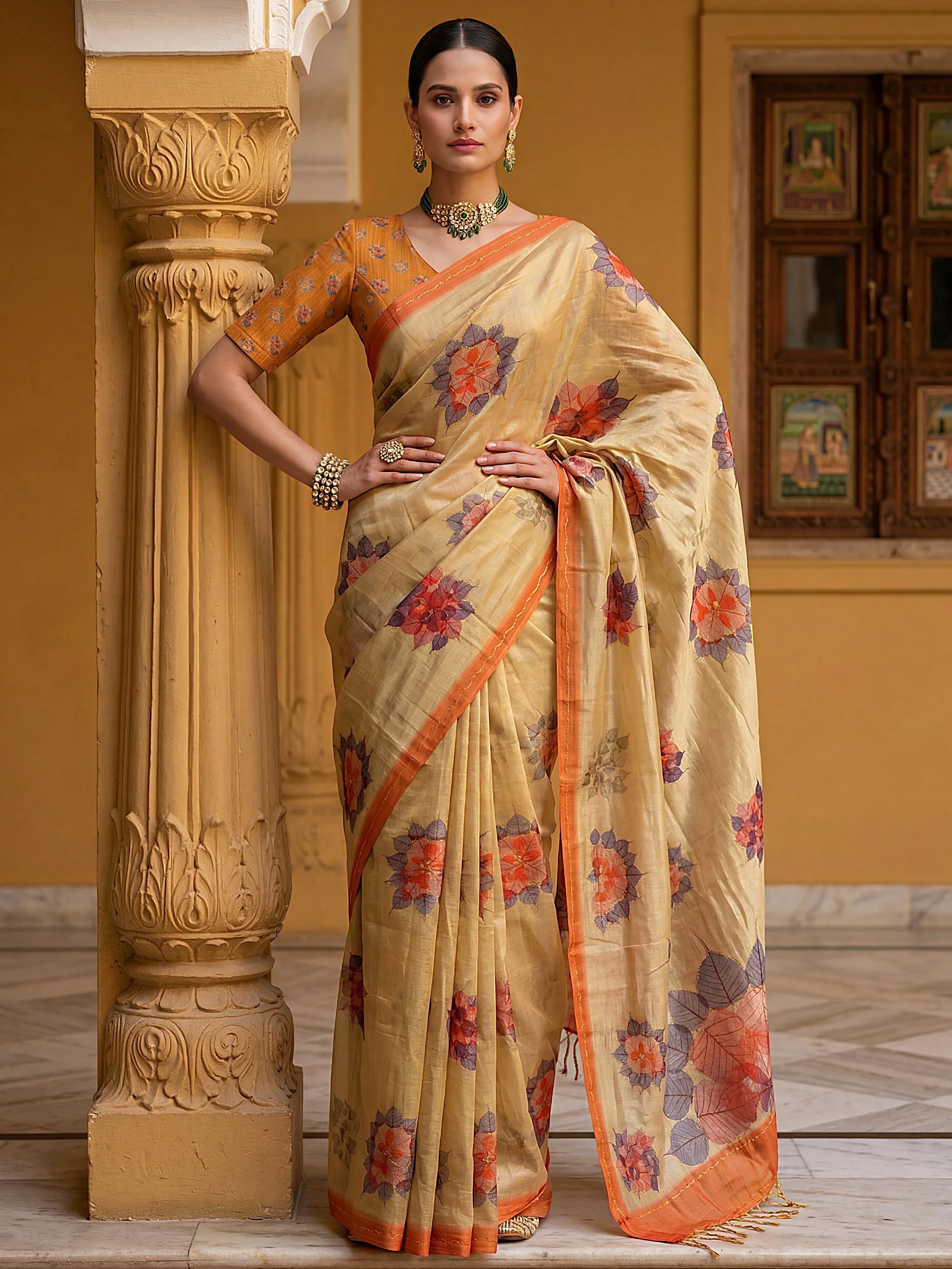 Fabulous Beige Dori Work Silk Function Wear Saree With Blouse