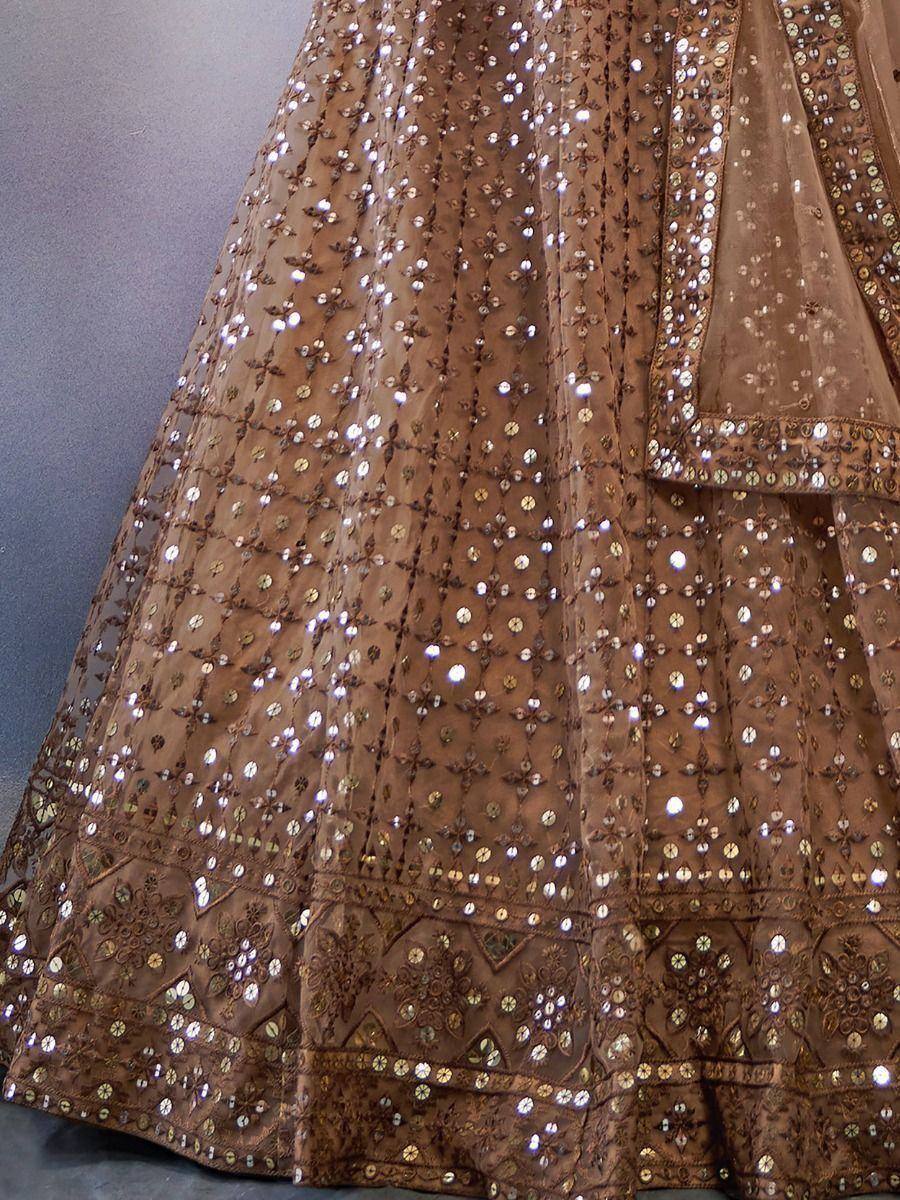 Brown embroidered lehenga with mirror work and sequins, Indian ethnic wear
