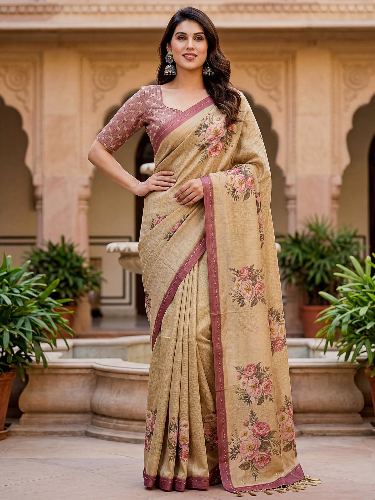 Woman wearing a beige floral print saree with a mauve embroidered blouse and traditional earrings.