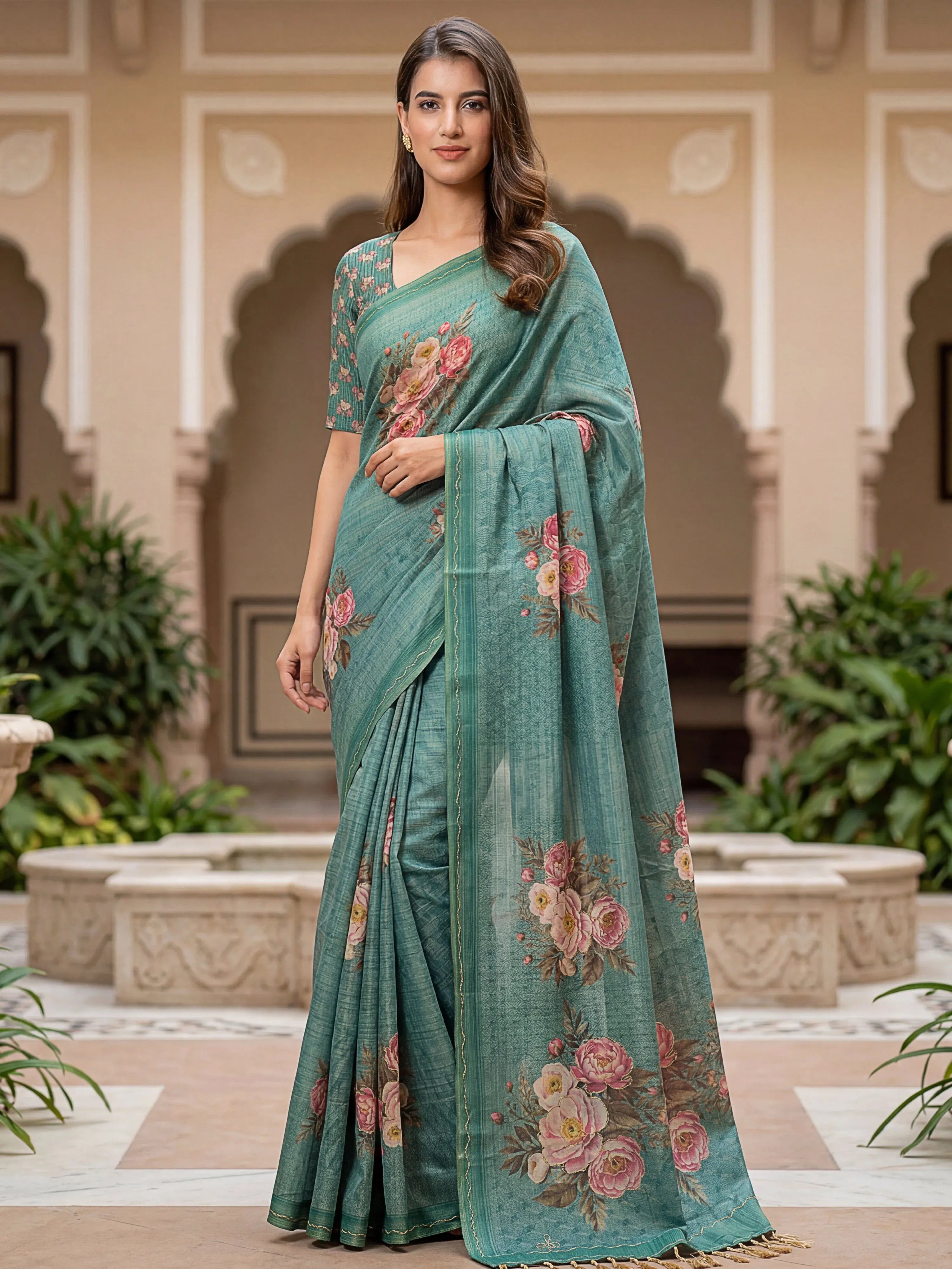 Aesthetics Teal Green Printed Silk Daily Wear Wear Saree With Blouse